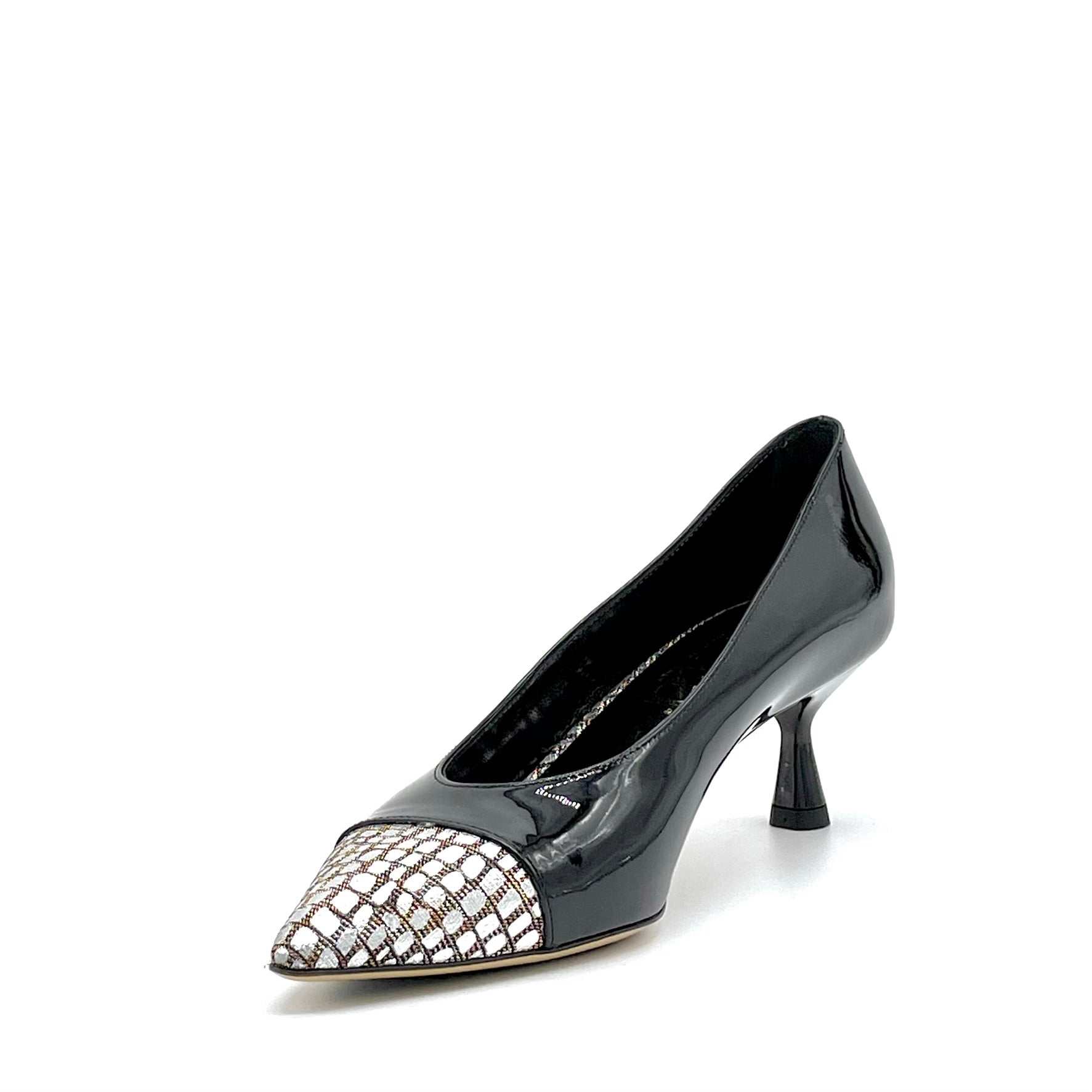 Décolleté in vernice nera e tessuto stampato argento - Cod. 54514