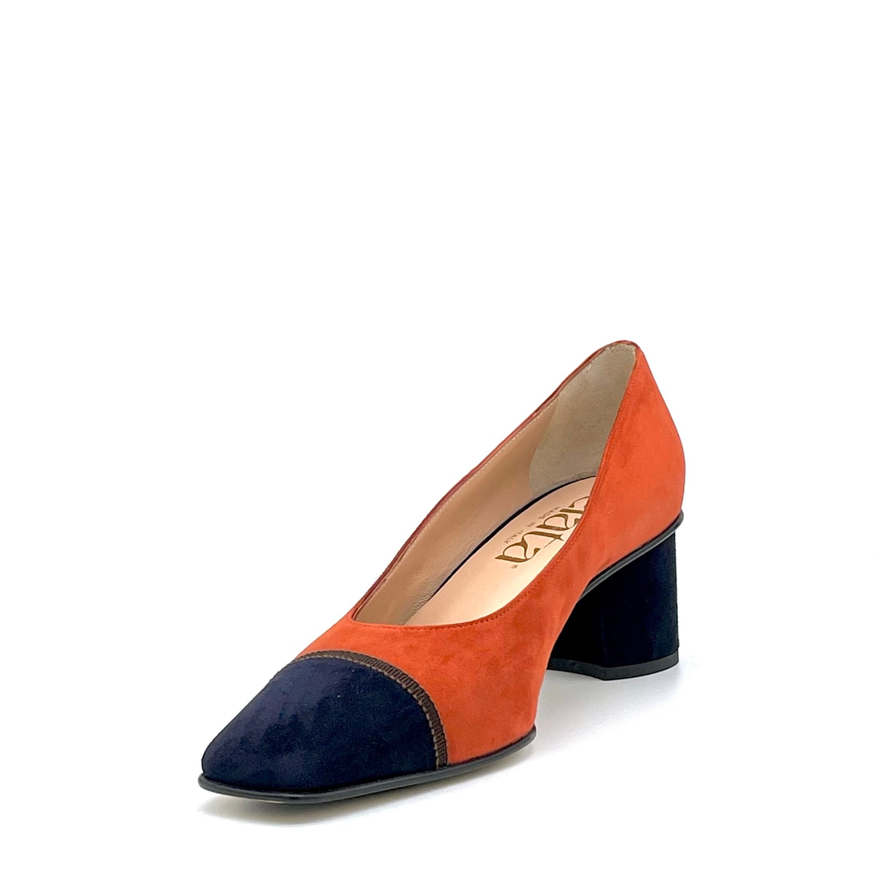 Pumpkin and blue suede pump with brown grosgrain ribbon - Cod. 54522