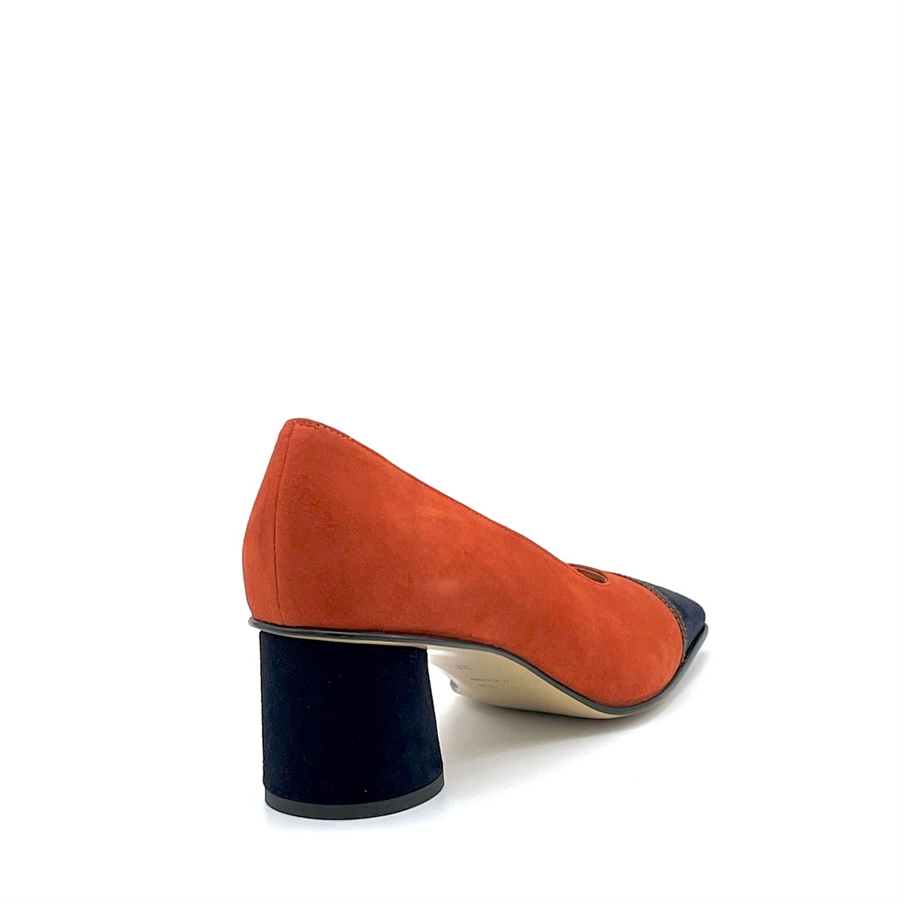 Décolleté in camoscio zucca e blu con nastrino in grosgrain marrone - Cod. 54522