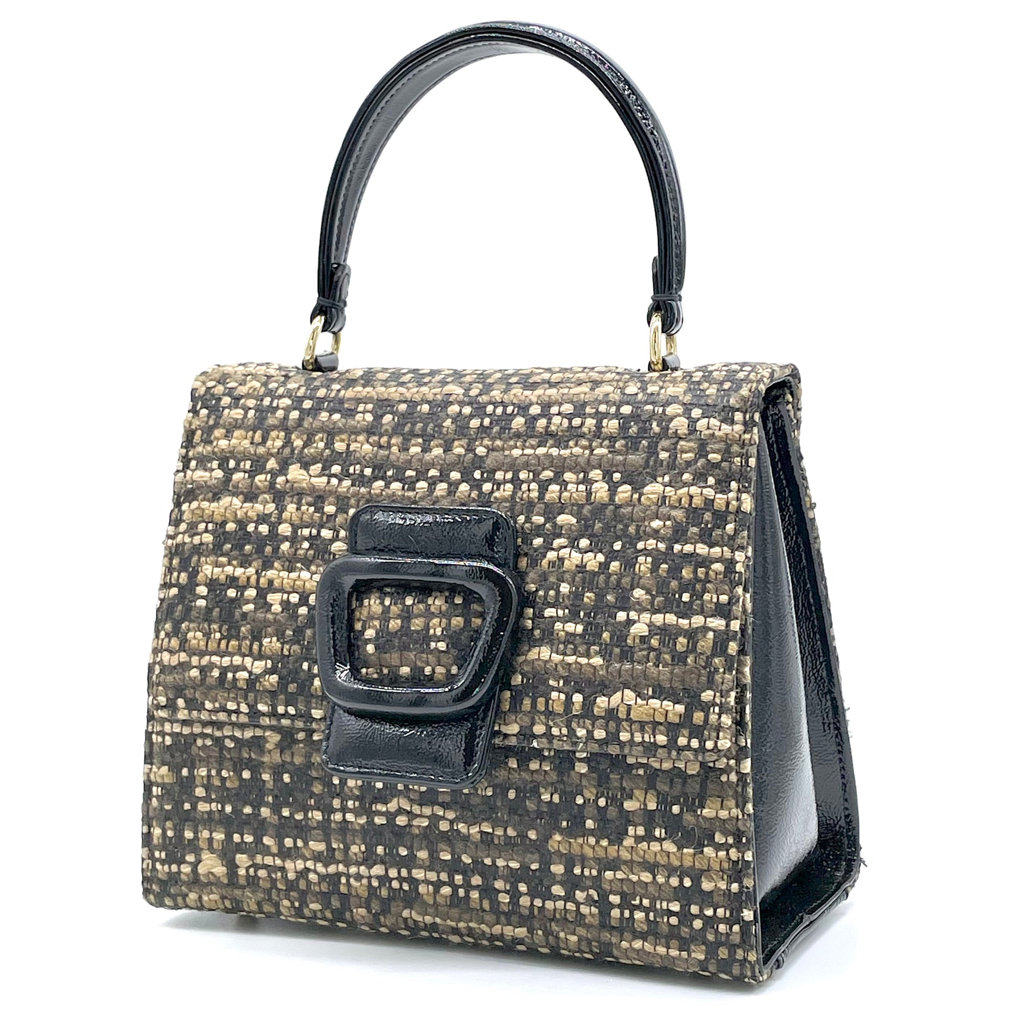 Borsa in tessuto tweed beige con fibbia e manico in vernice nera – Cod. E970