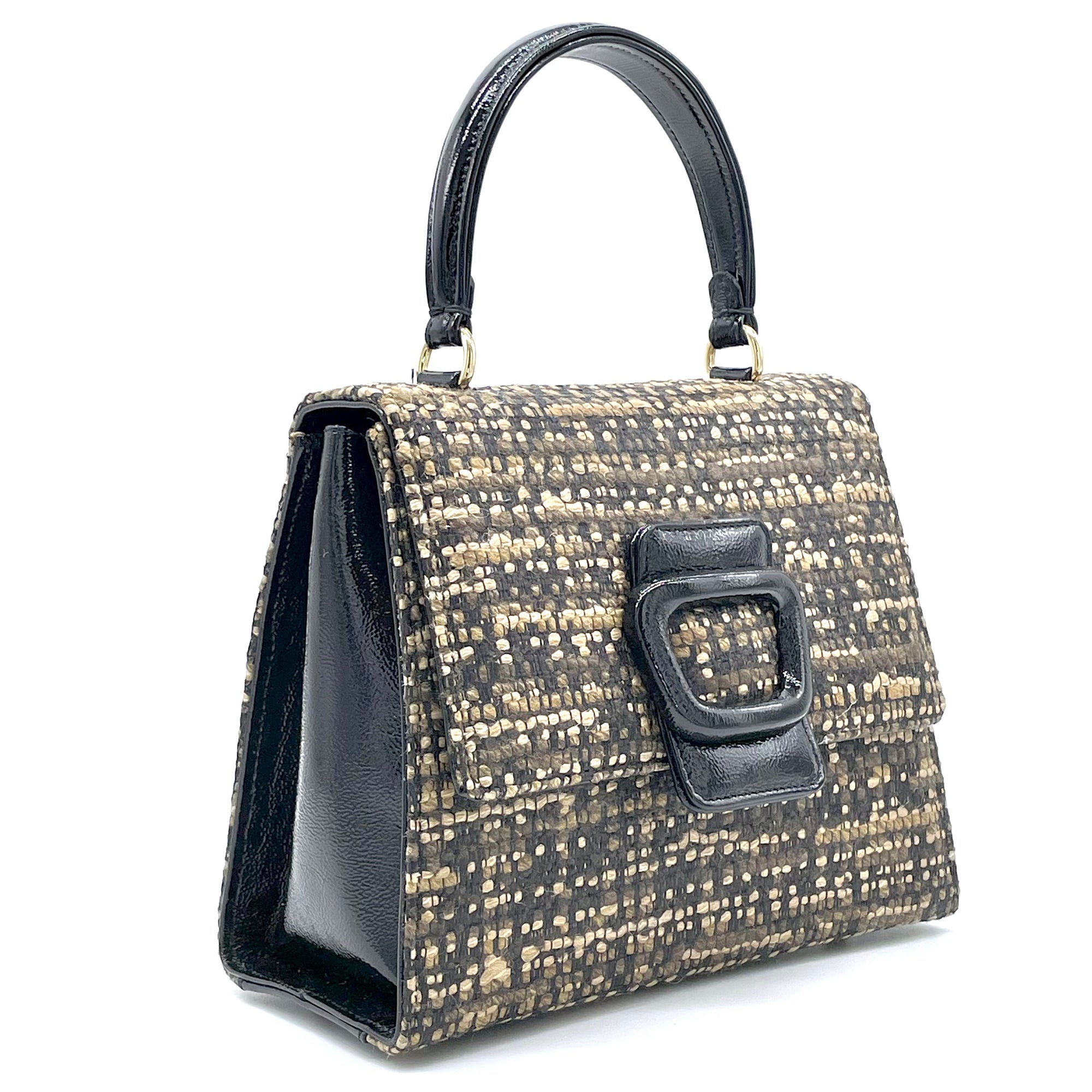 Borsa in tessuto tweed beige con fibbia e manico in vernice nera – Cod. E970