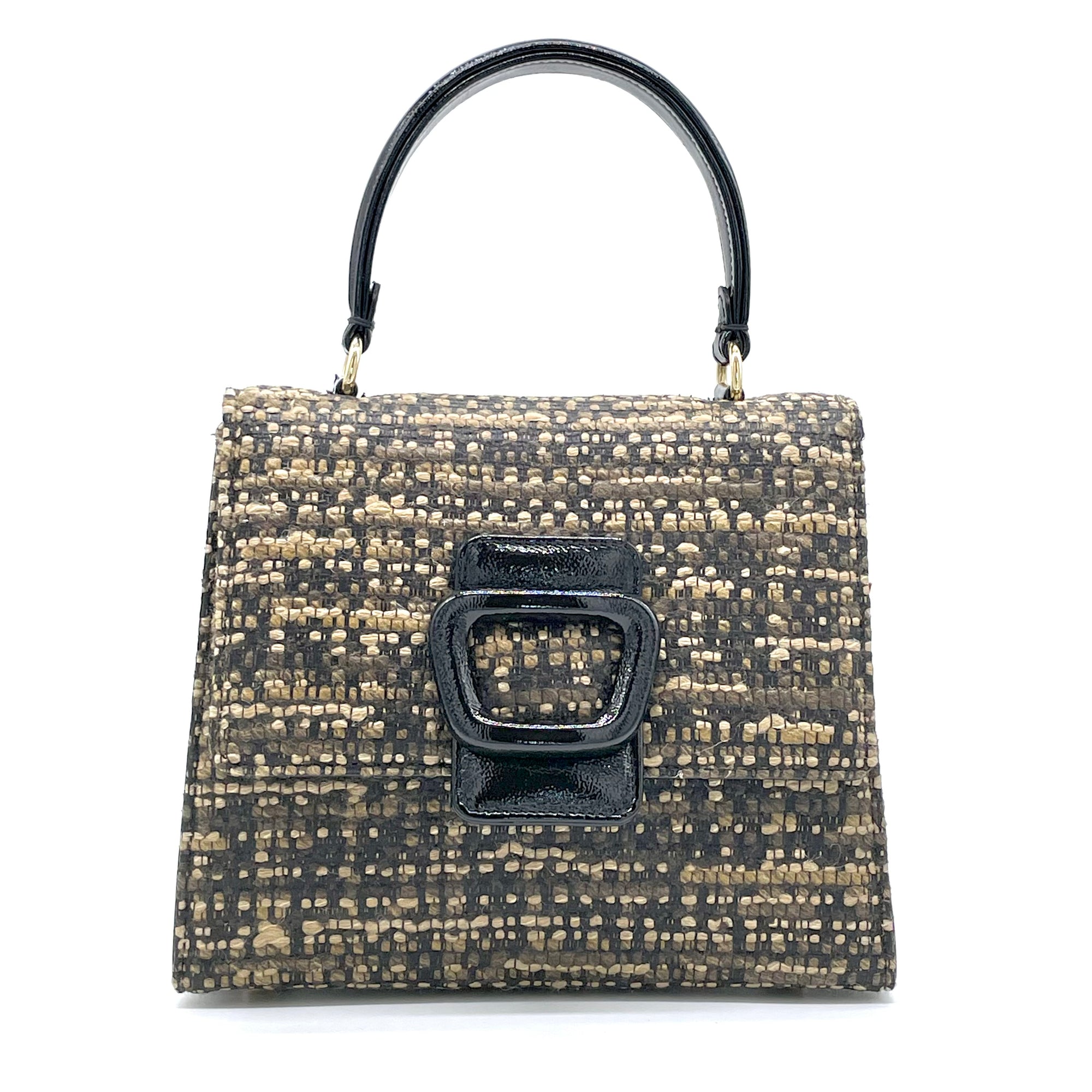 Borsa in tessuto tweed beige con fibbia e manico in vernice nera – Cod. E970