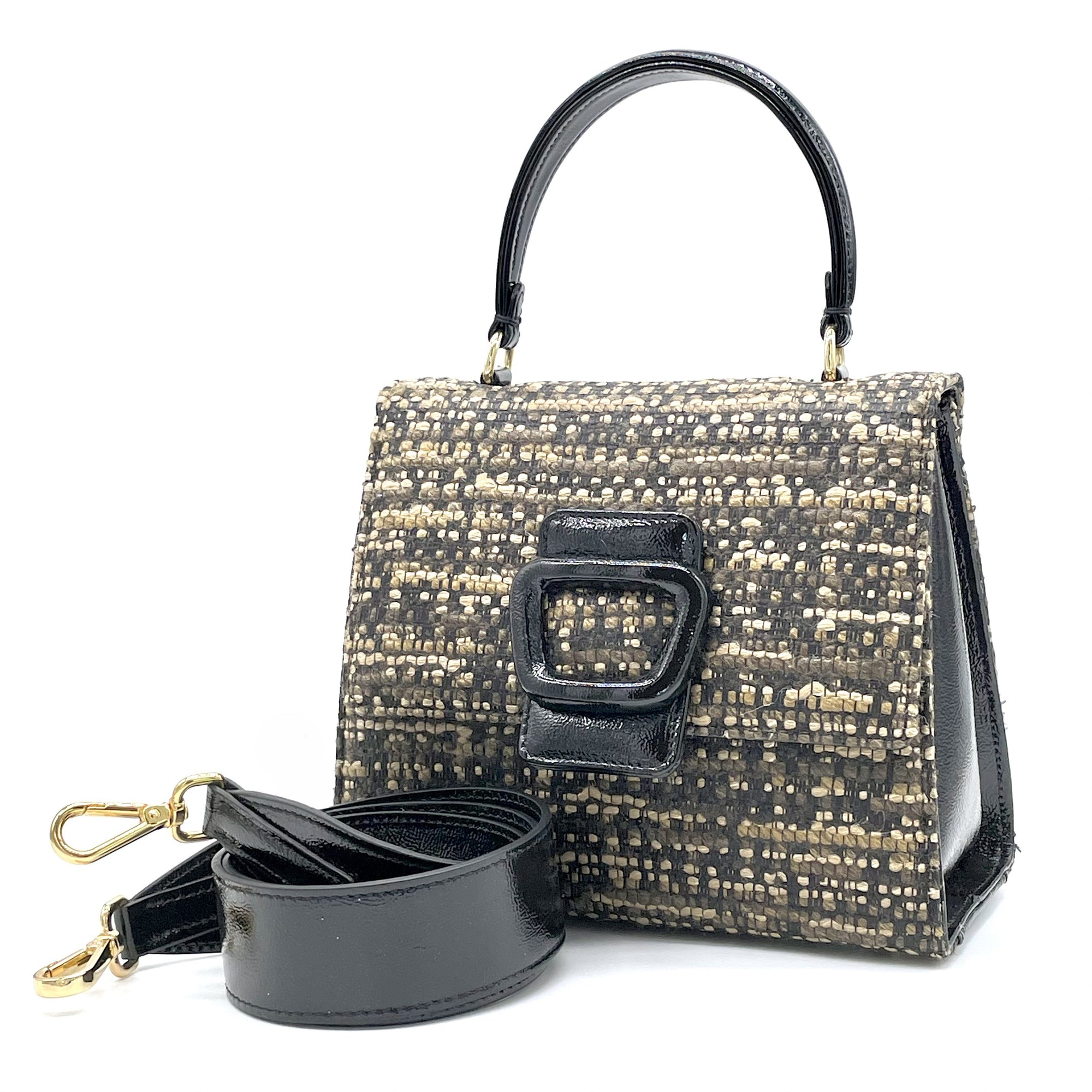 Borsa in tessuto tweed beige con fibbia e manico in vernice nera – Cod. E970