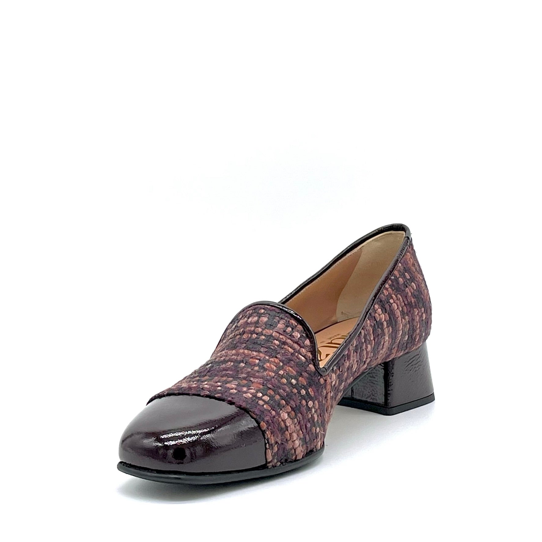 Plum patent and tweed fabric moccasin with soft insole - Cod. 74710