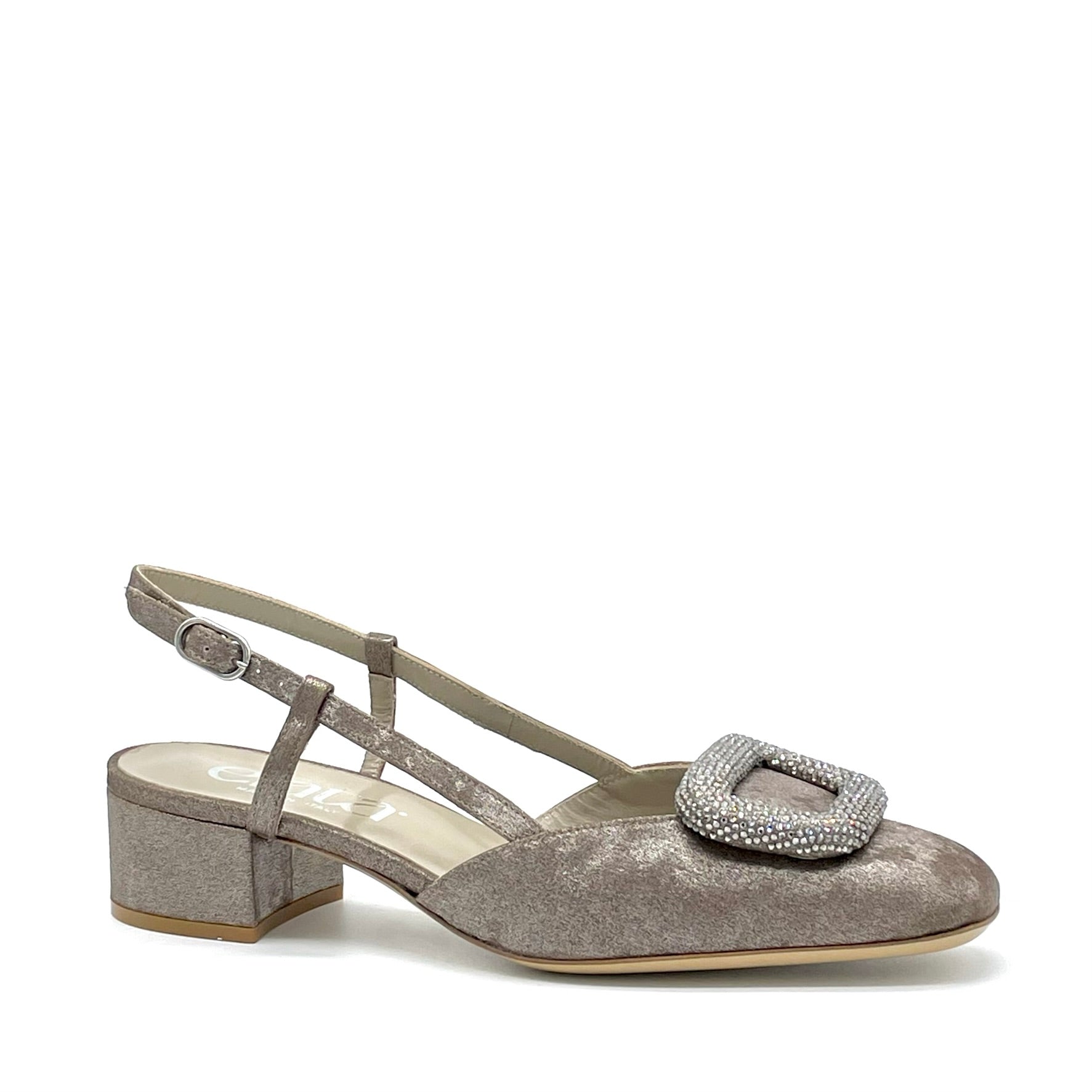 Slingback in ciniglia satinata color peltro e fibbia gioiello – Cod. 15131