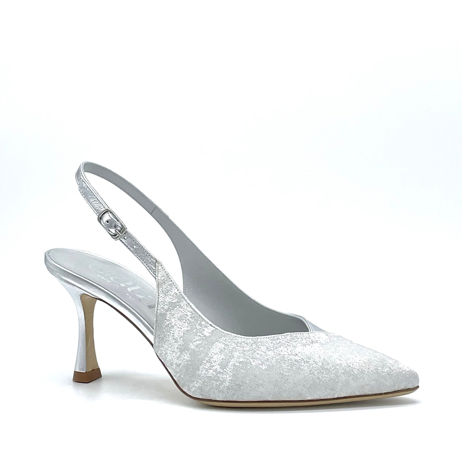 Silver satin effect chenille and leather slingback - Cod 15102