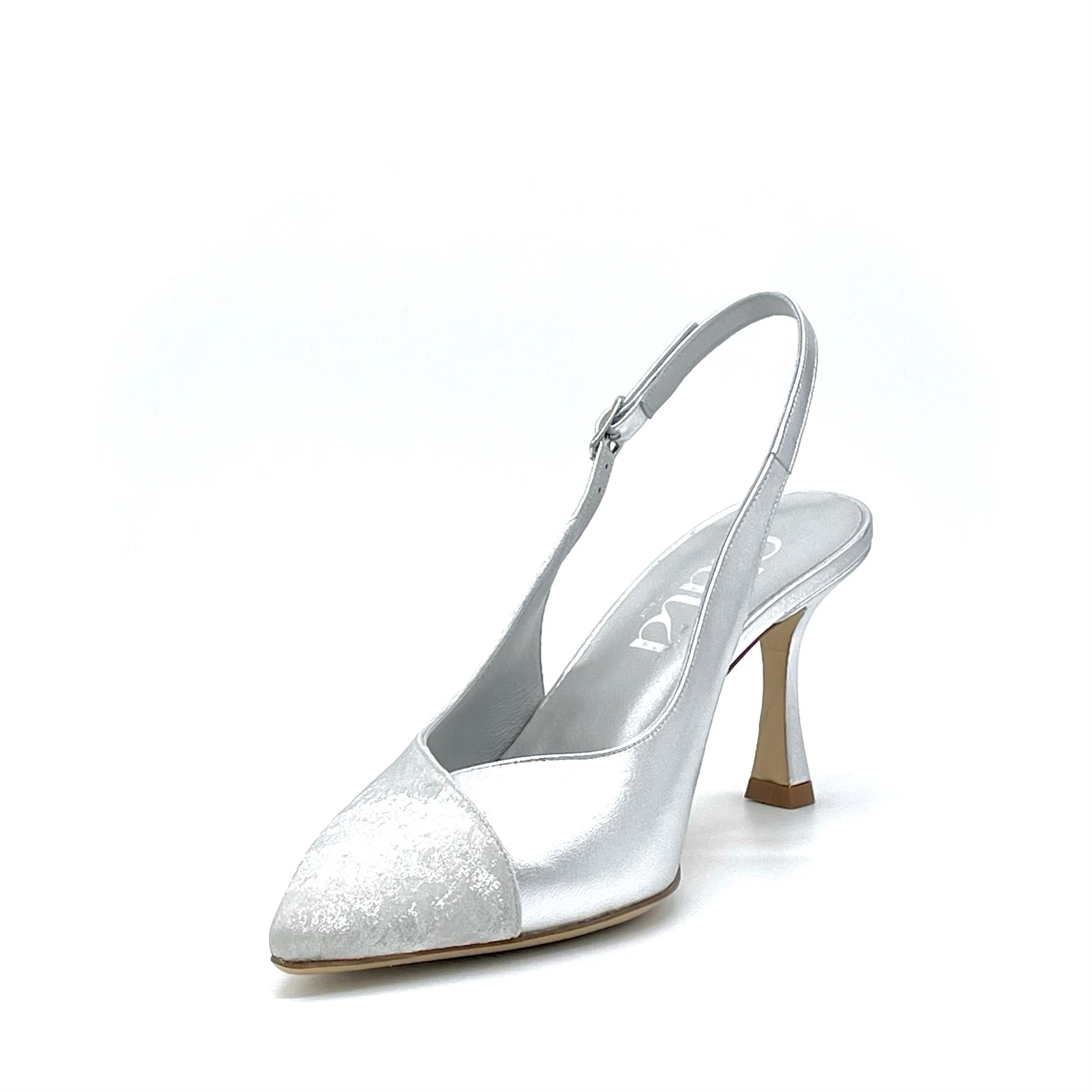 Slingback in ciniglia satinata e pelle argento - Cod 15102