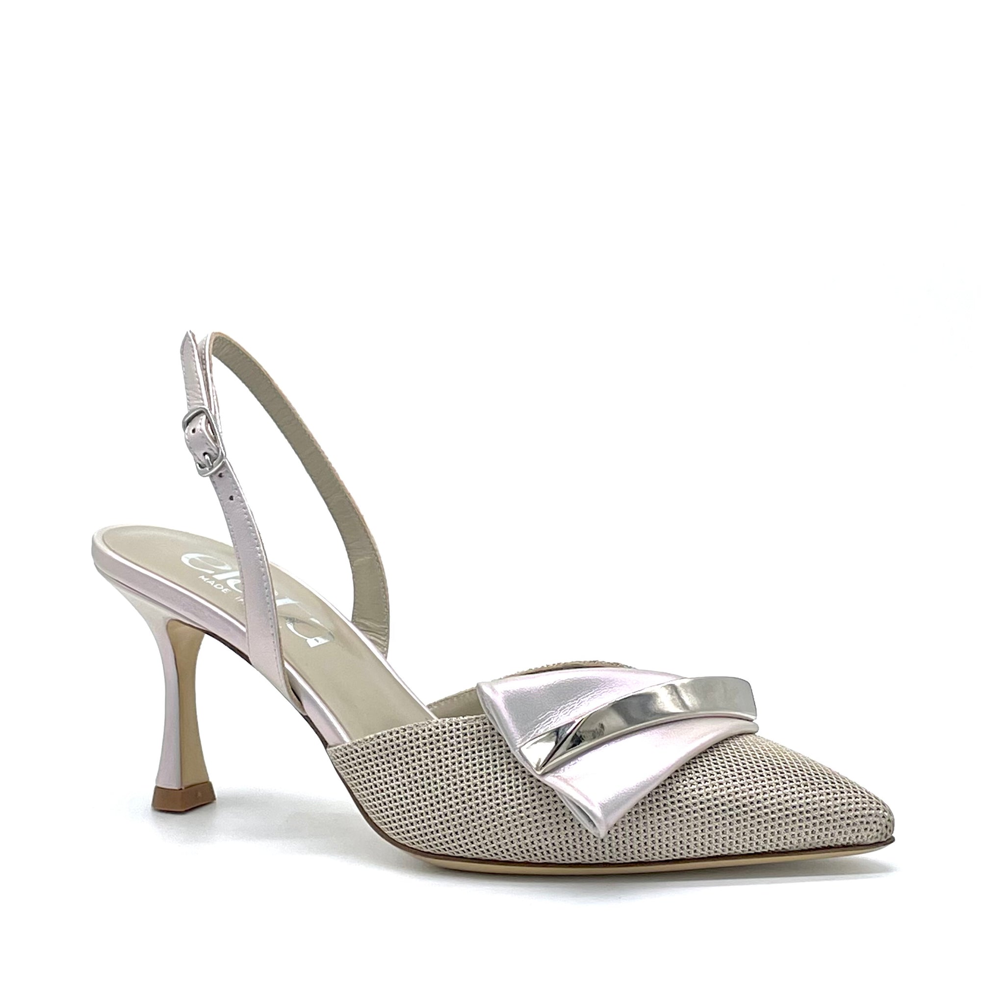 Slingback in tessuto beige, pelle cangiante ostrica e accessorio argento - Cod 15104