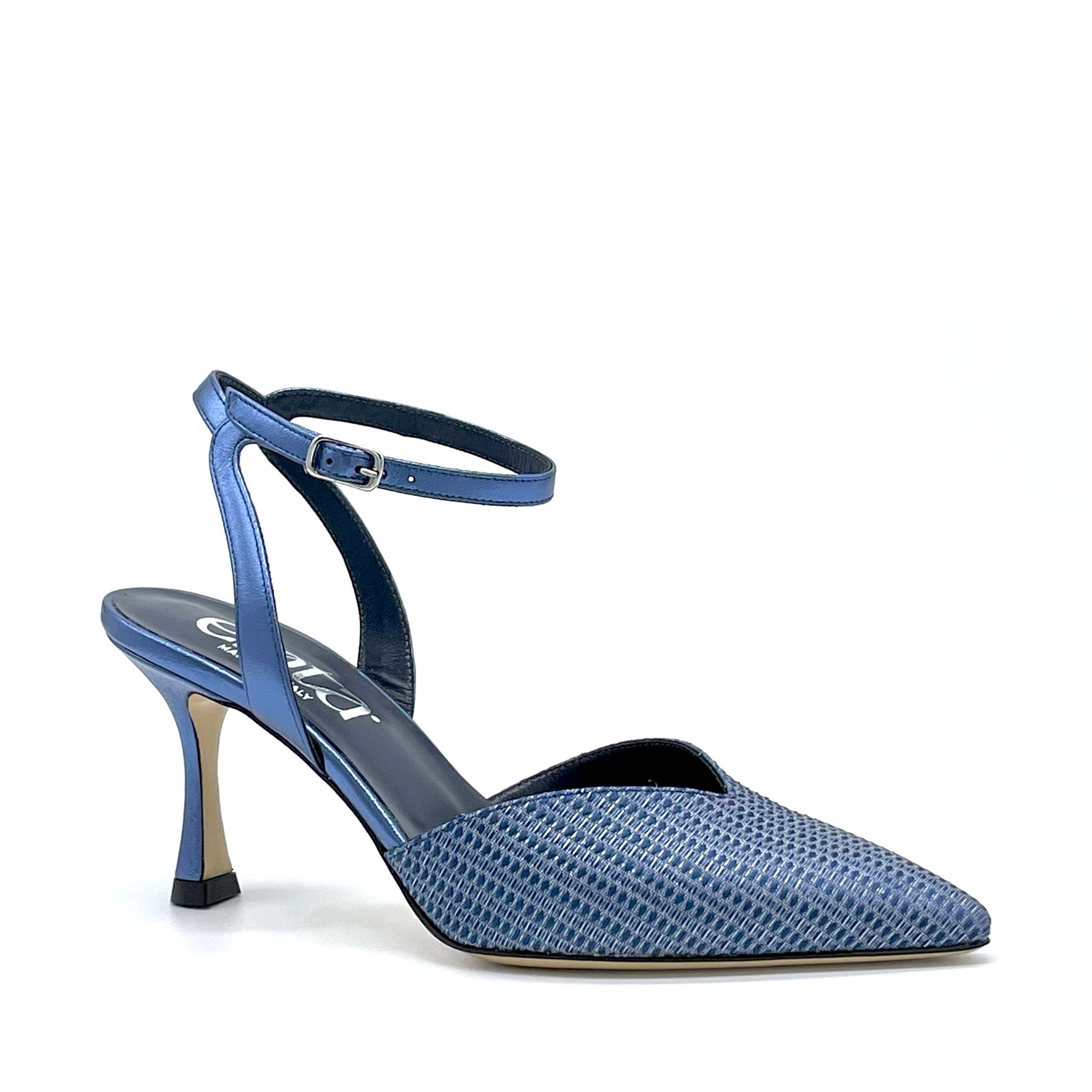 Blue iridescent leather and laminate fabric slingback with ankle strap - Cod 15105