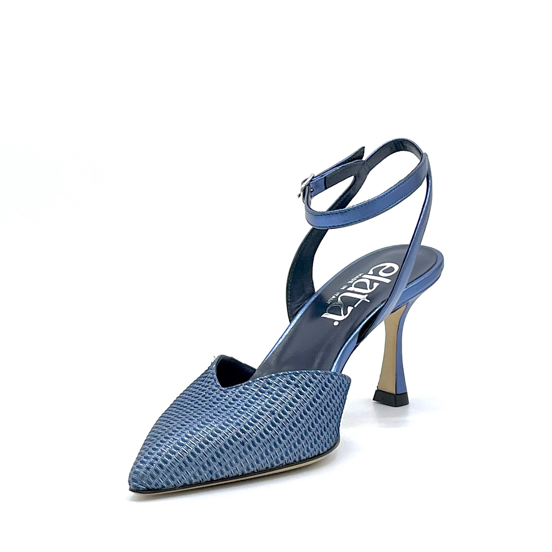 Blue iridescent leather and laminate fabric slingback with ankle strap - Cod 15105