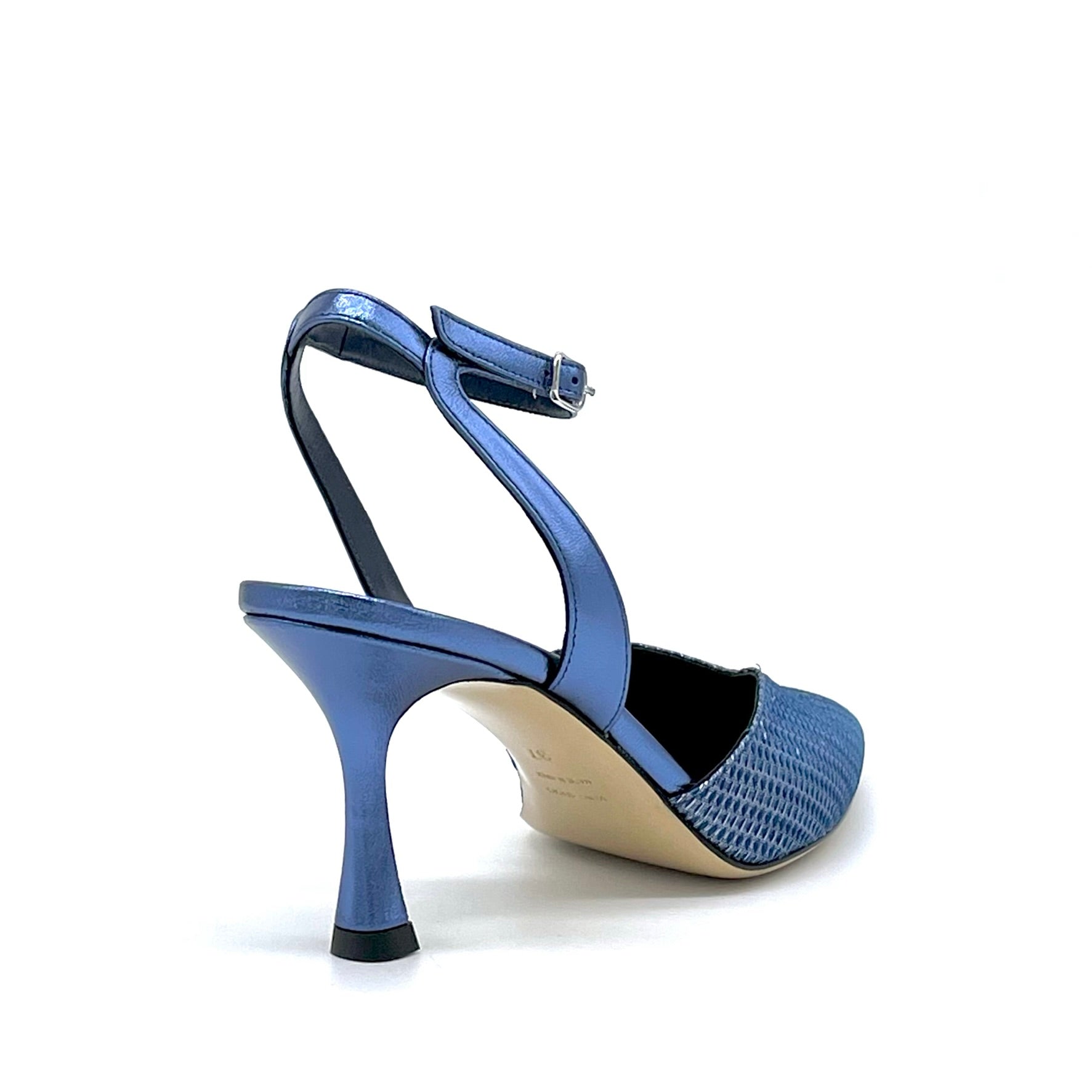 Blue iridescent leather and laminate fabric slingback with ankle strap - Cod 15105