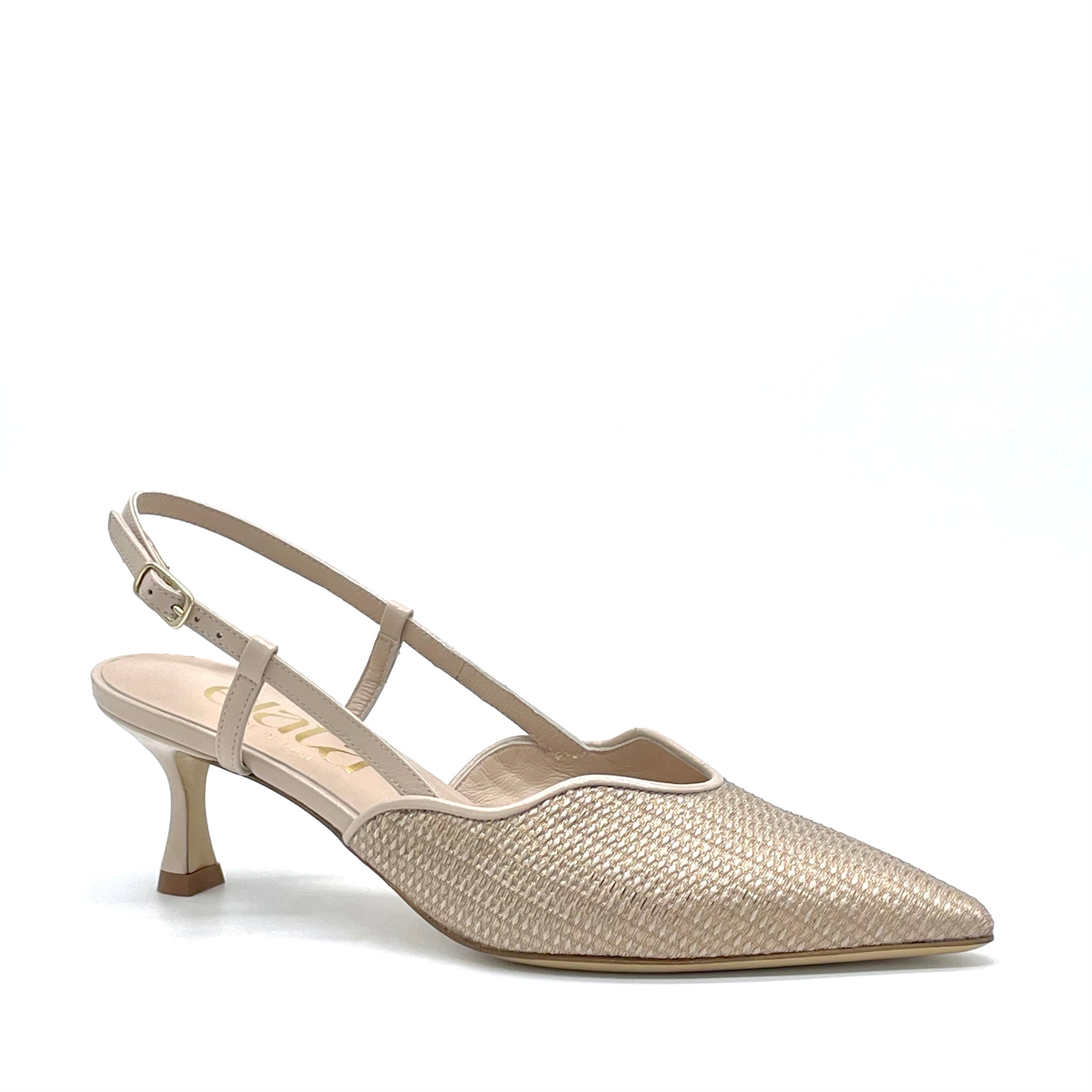 Slingback in tessuto laminato e pelle color sabbia – Cod. 15110