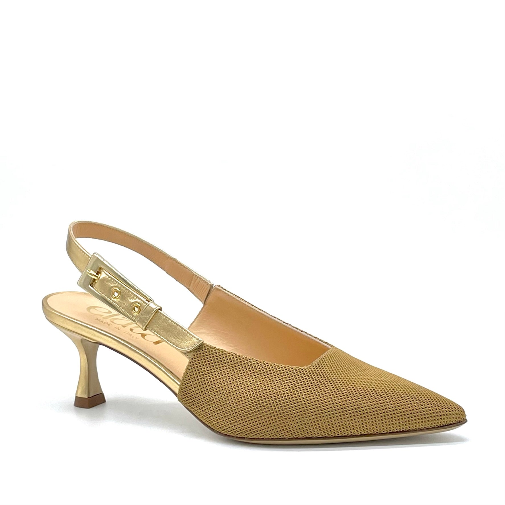 Gold fabric and leather slingback with golden buckle – Cod. 15112