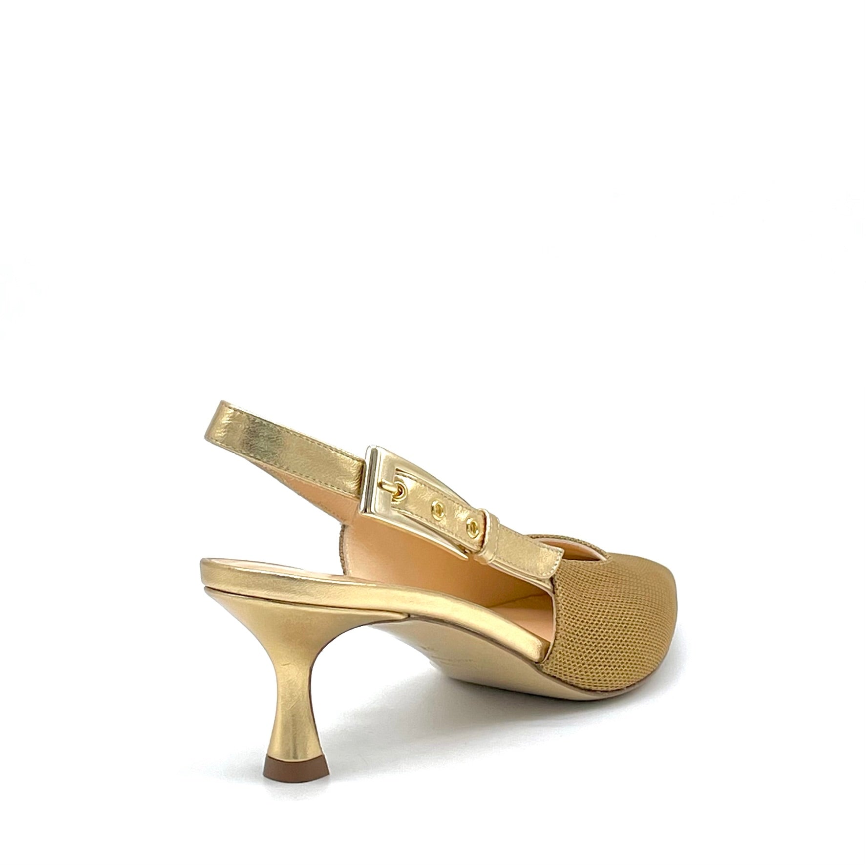 Slingback in tessuto e pelle color oro e fibbia dorata – Cod. 15112