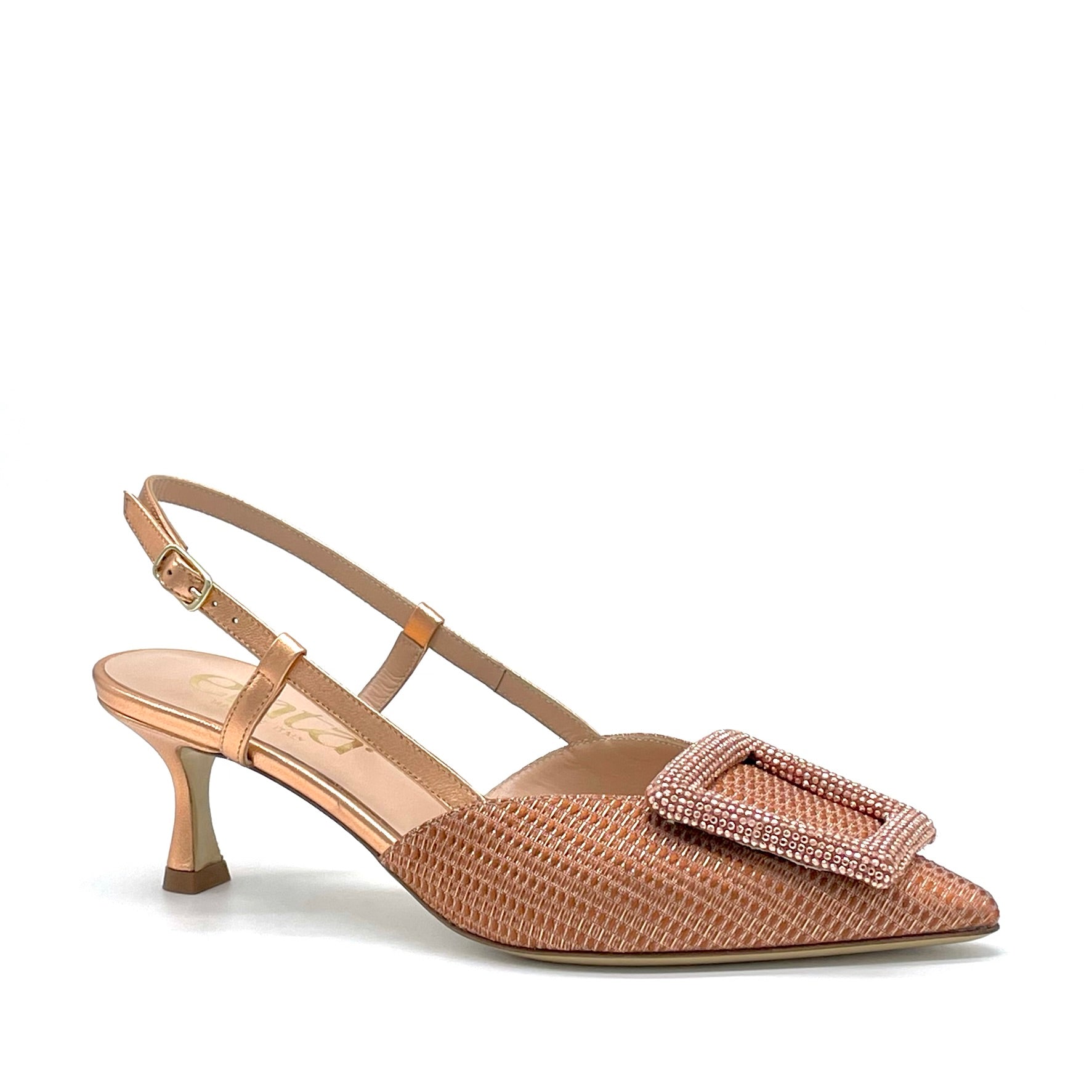 Slingback in tessuto laminato e pelle color rame e fibbia gioiello – Cod. 15113