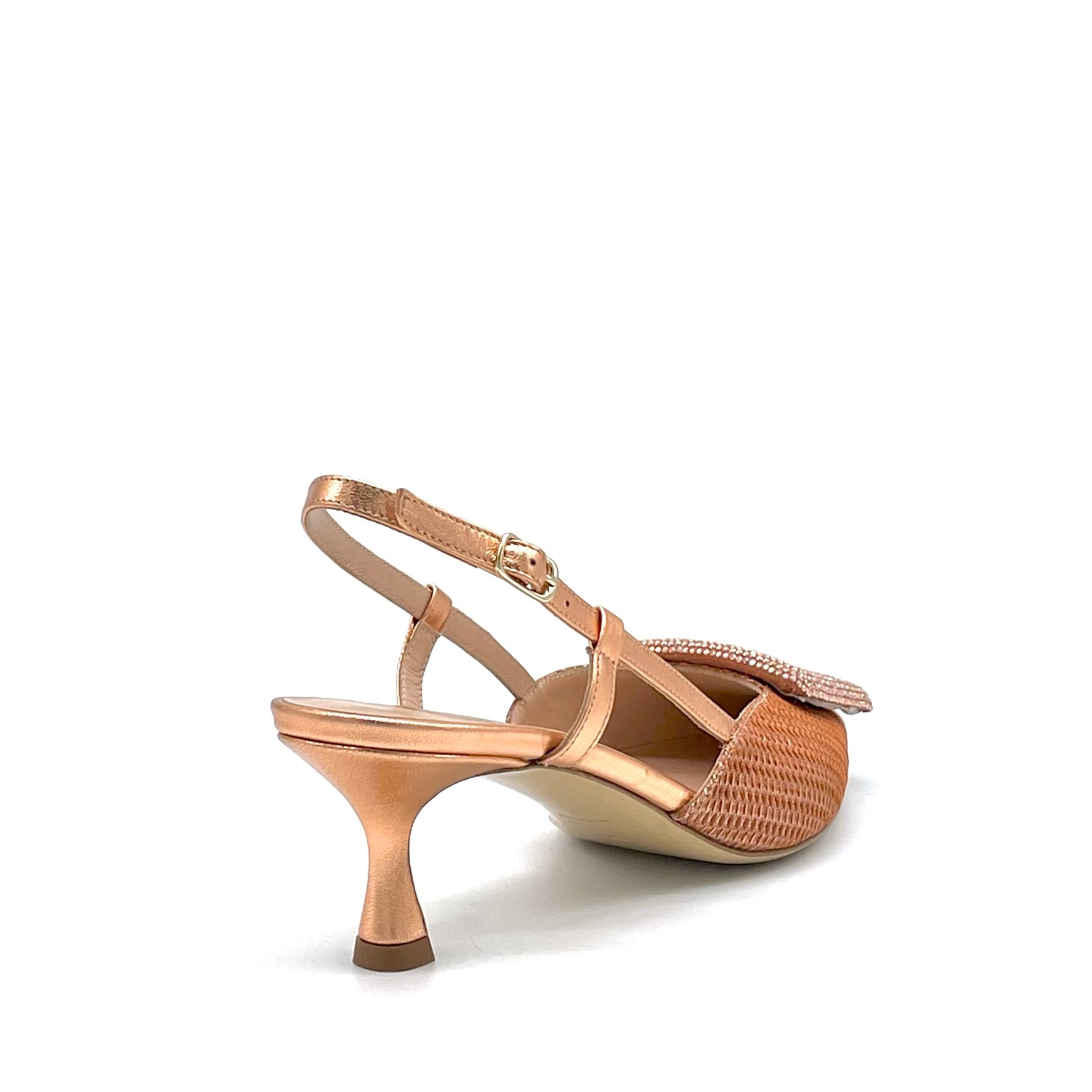 Slingback in tessuto laminato e pelle color rame e fibbia gioiello – Cod. 15113