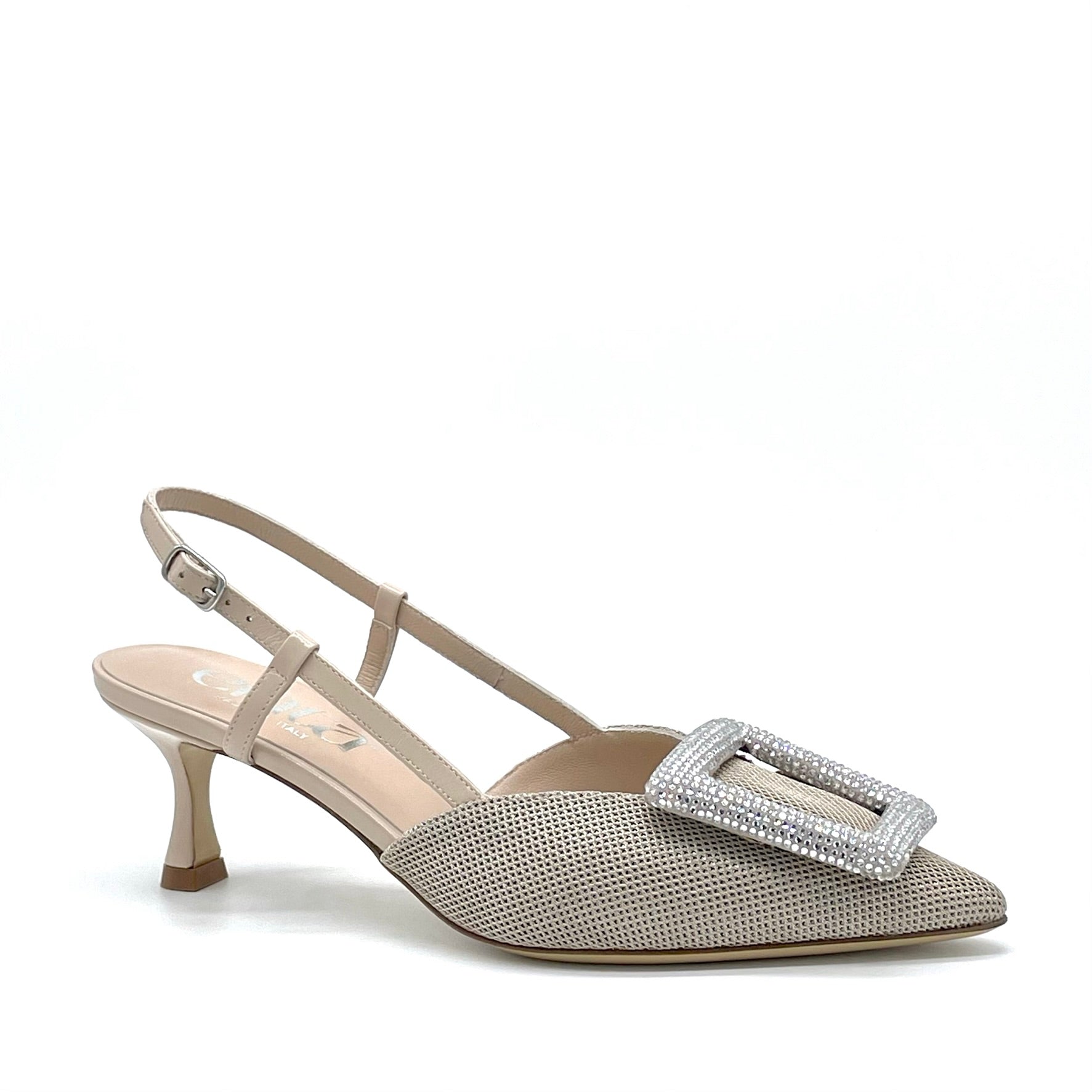 Slingback in tessuto e pelle beige con fibbia gioiello – Cod. 15113-1