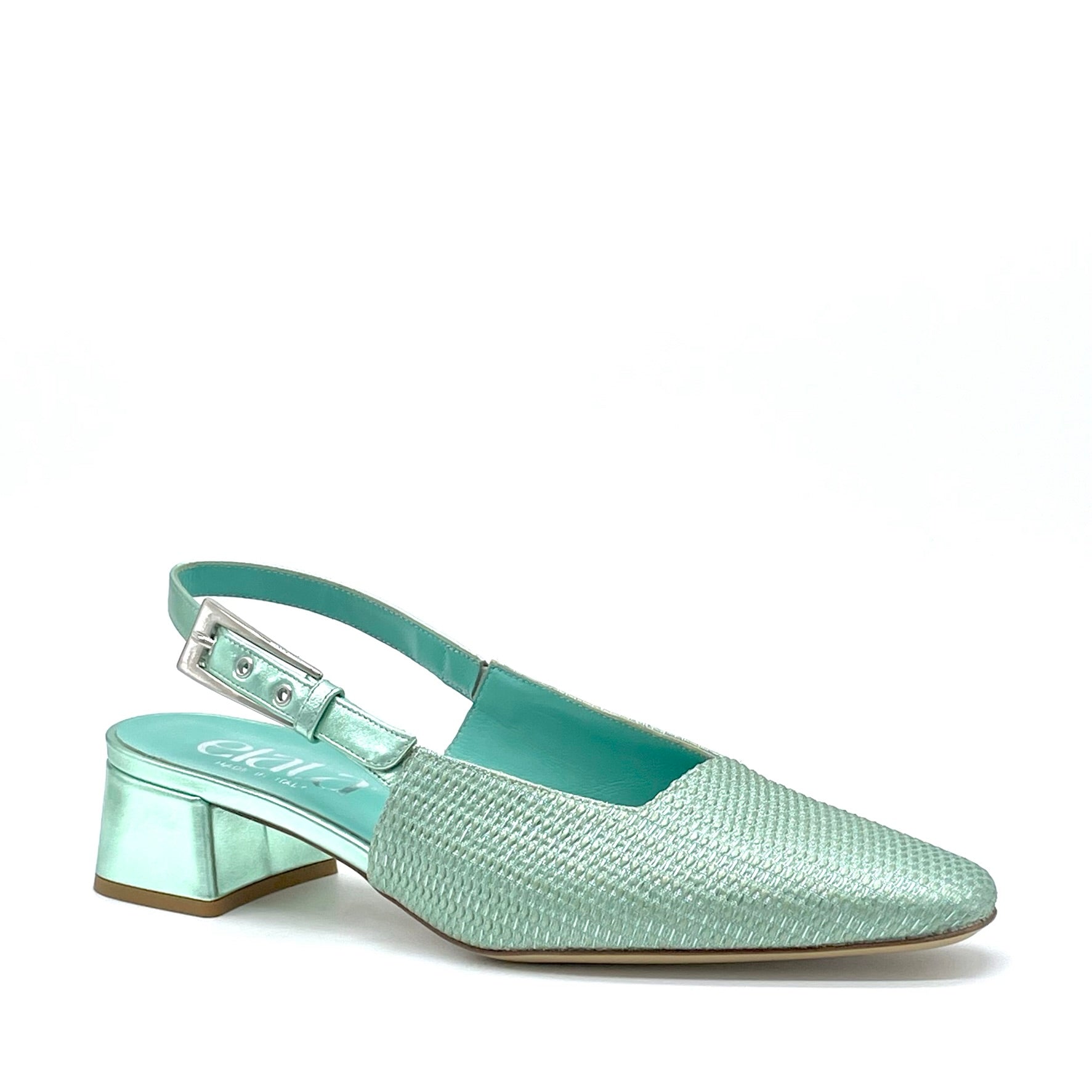 Slingback in tessuto laminato e pelle laminata color menta con fibbia argento – Cod. 15122