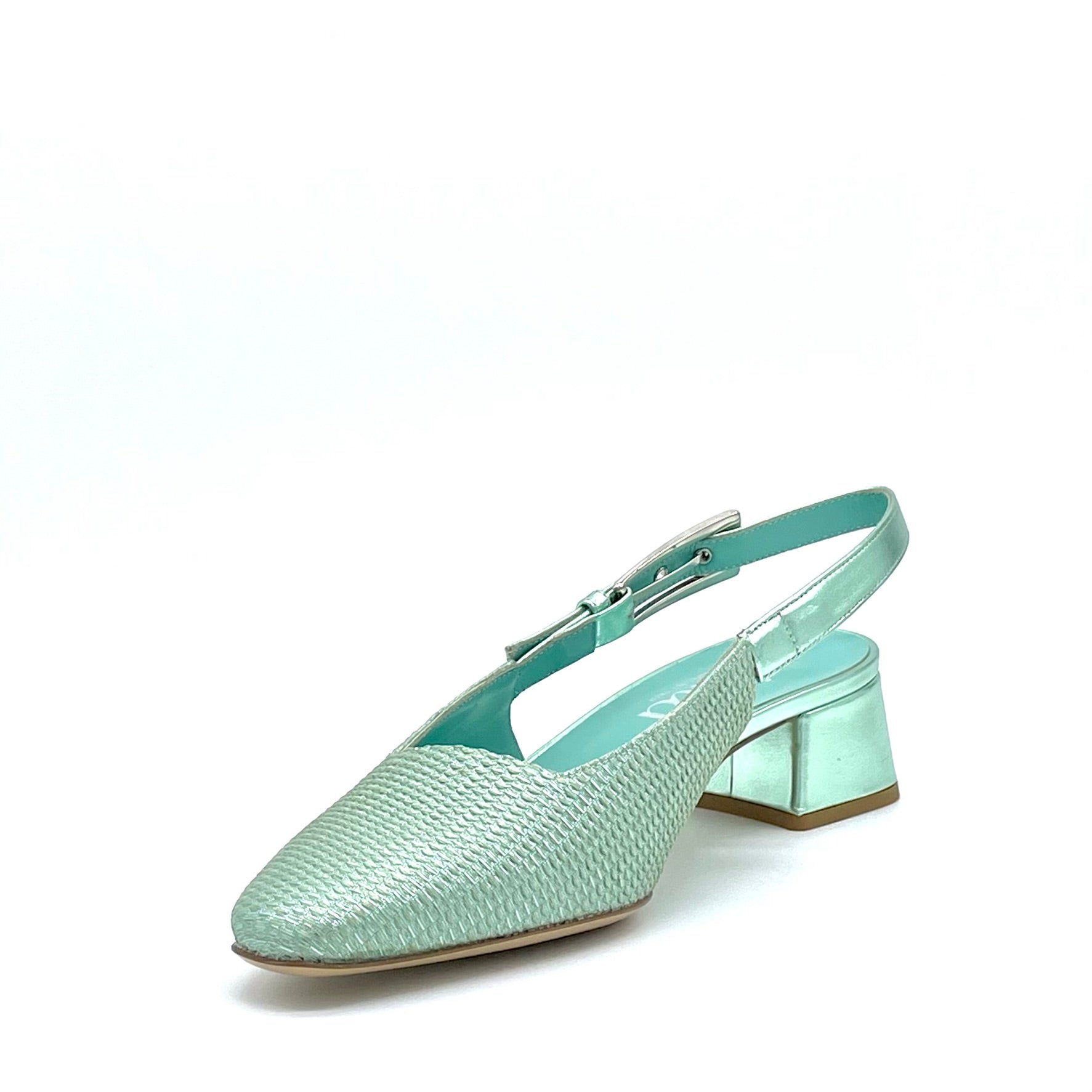 Slingback in tessuto laminato e pelle laminata color menta con fibbia argento – Cod. 15122
