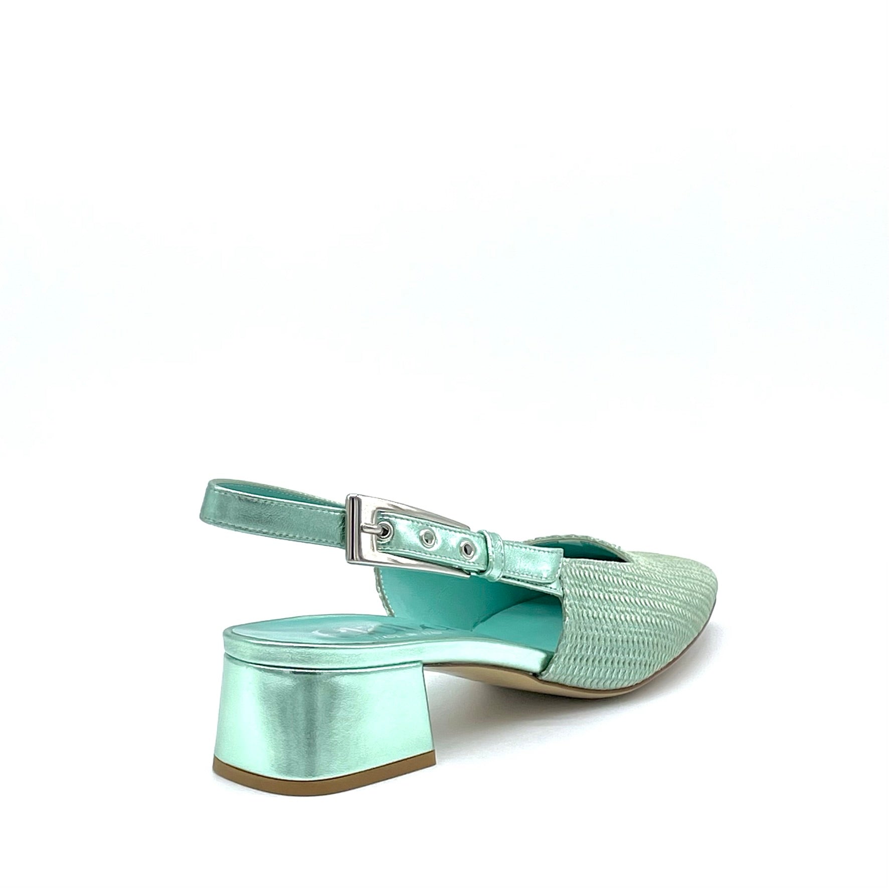 Slingback in tessuto laminato e pelle laminata color menta con fibbia argento – Cod. 15122