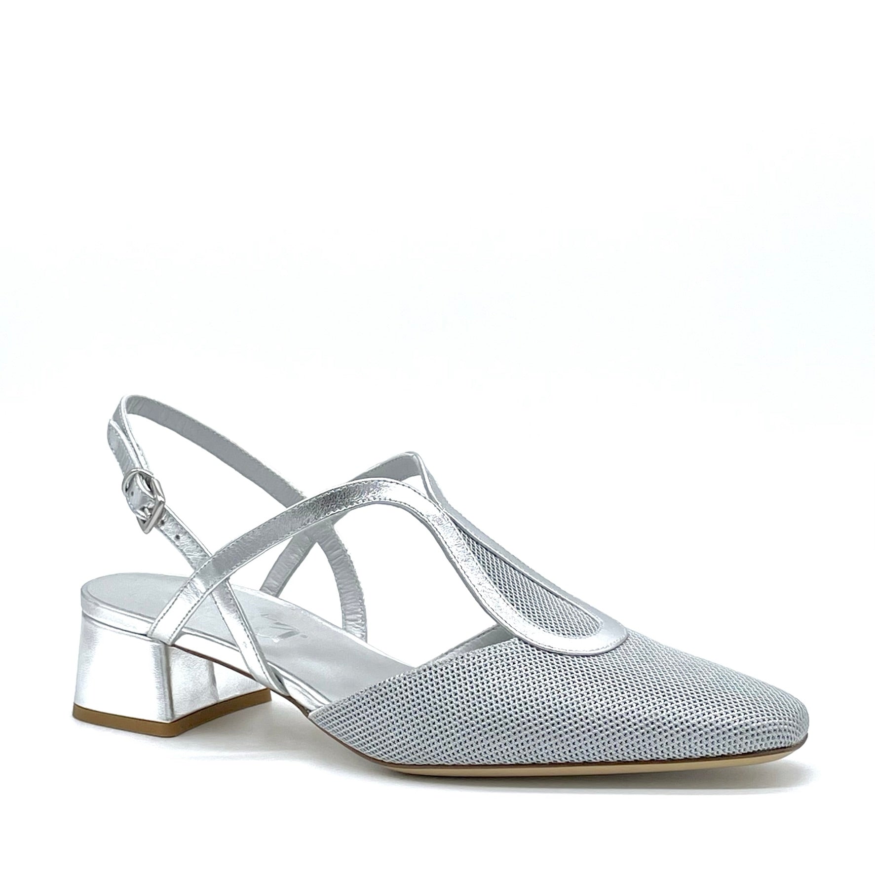 Silver fabric and laminate leather slingback – Cod. 15123
