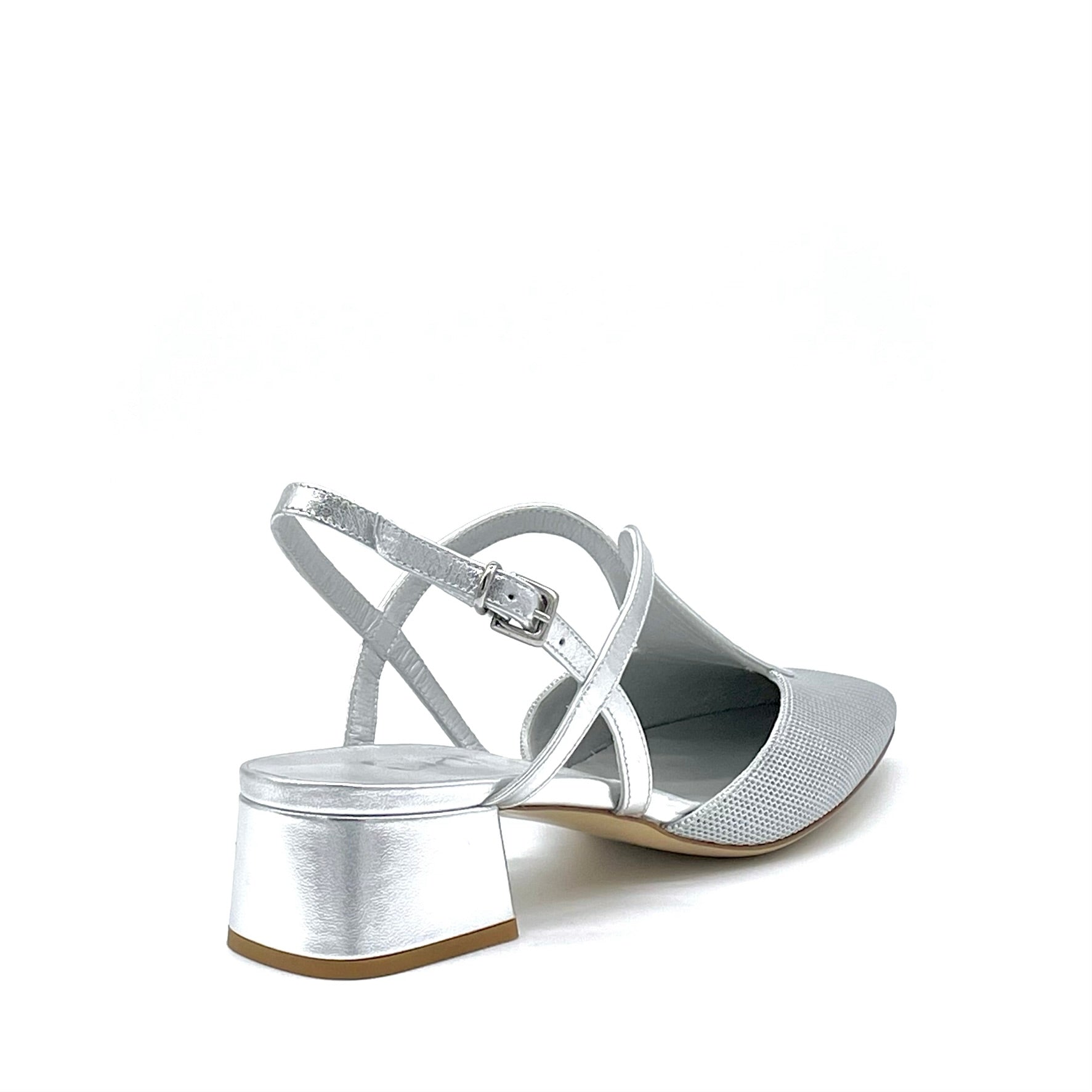 Silver fabric and laminate leather slingback – Cod. 15123