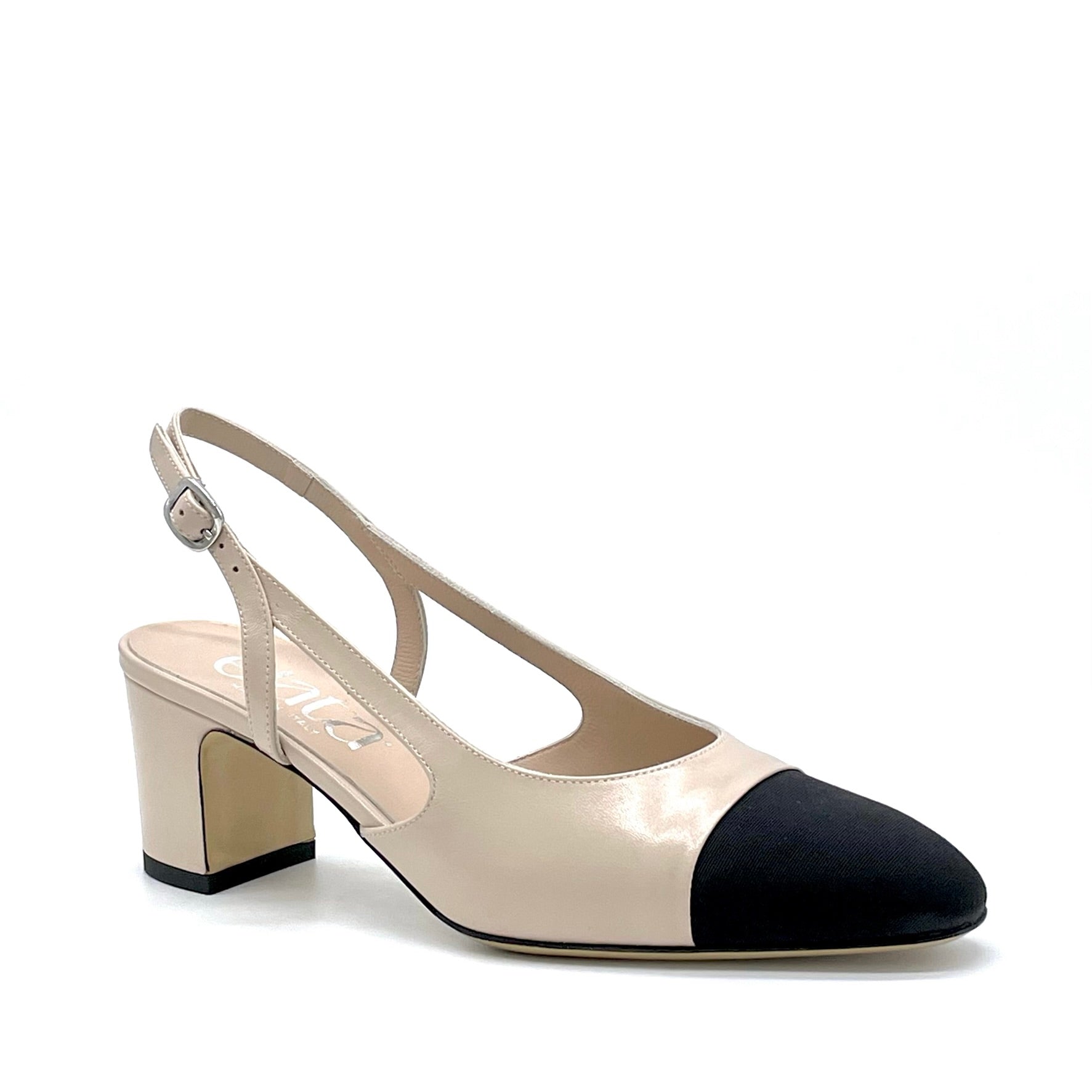 Slingback in pelle beige e tessuto nero – Cod. 15124