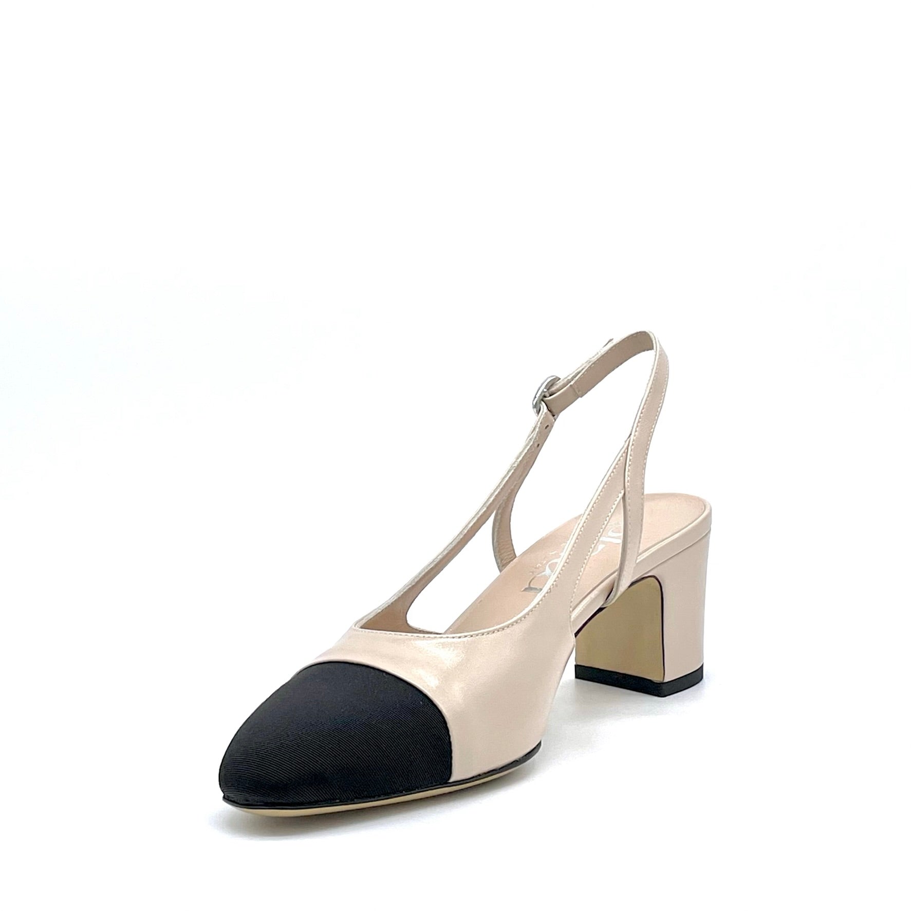 Slingback in pelle beige e tessuto nero – Cod. 15124