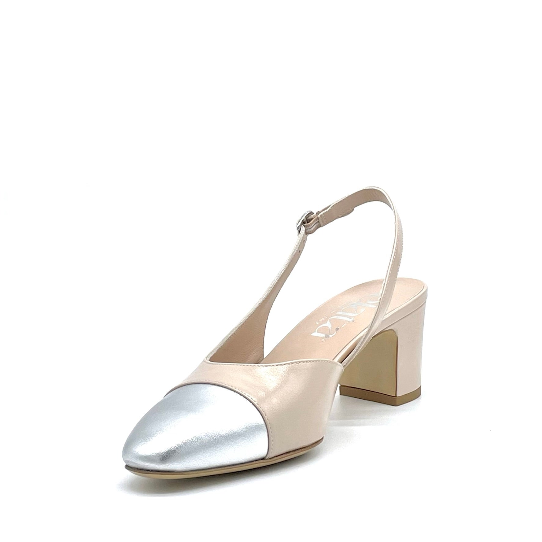 Beige leather and silver laminate leather slingback – Cod. 15125