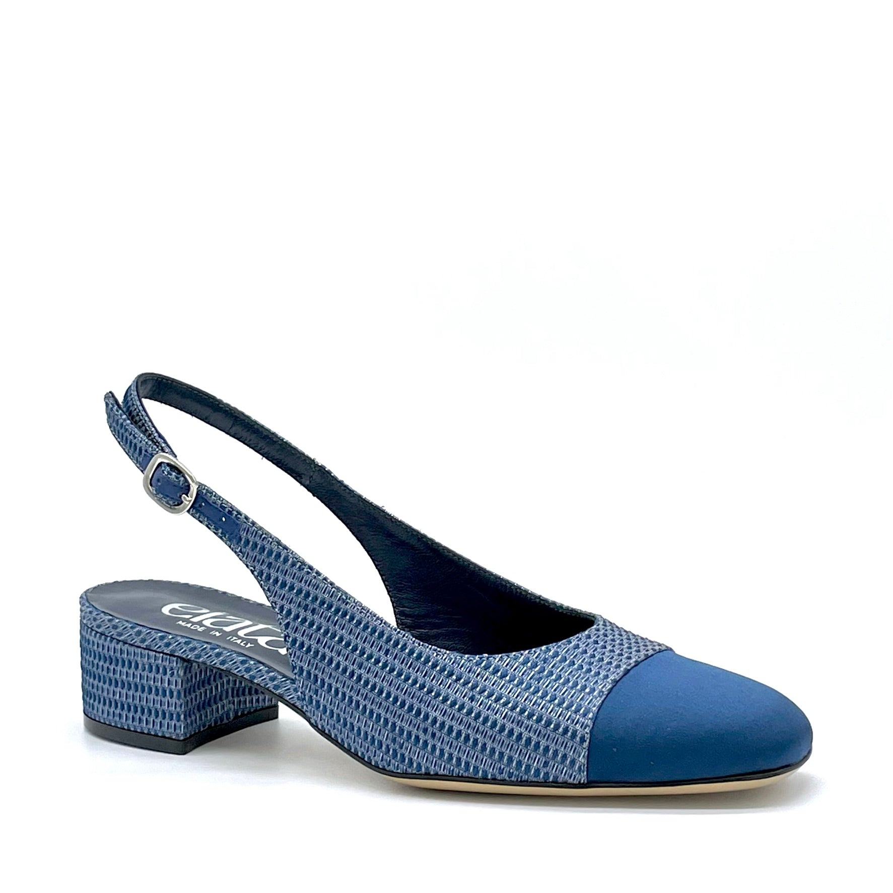 Slingback in tessuto laminato e raso di seta blu – Cod. 15128