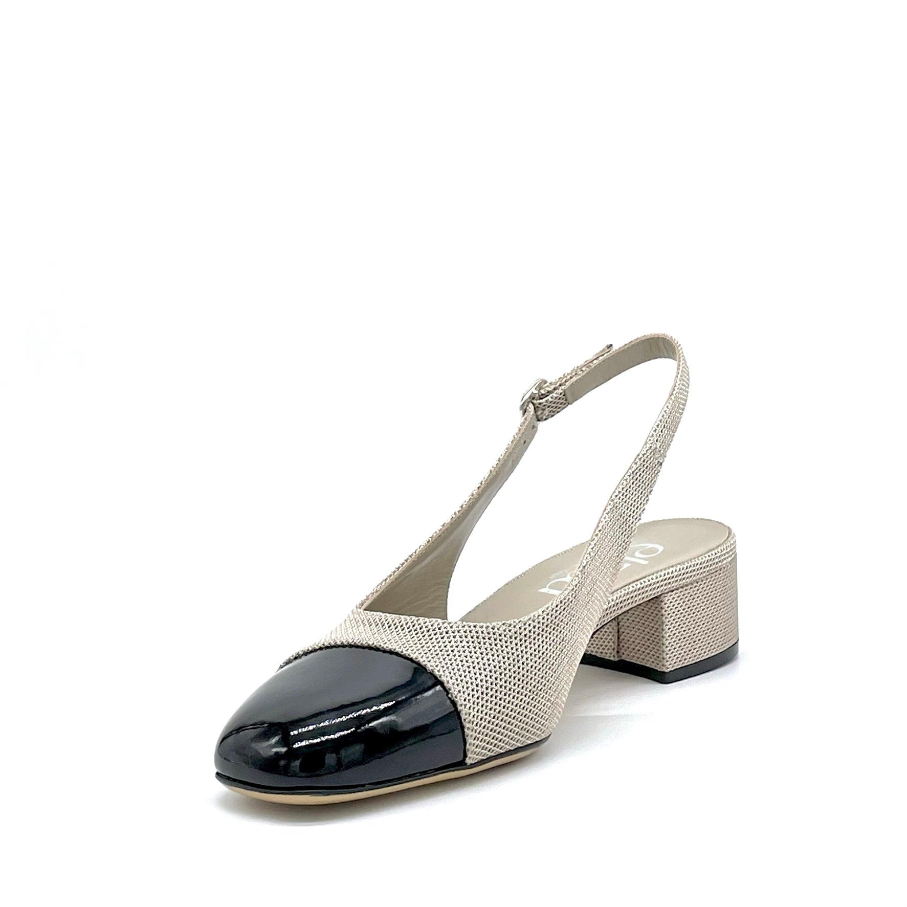 Slingback in tessuto beige e vernice nera – Cod. 15128-1