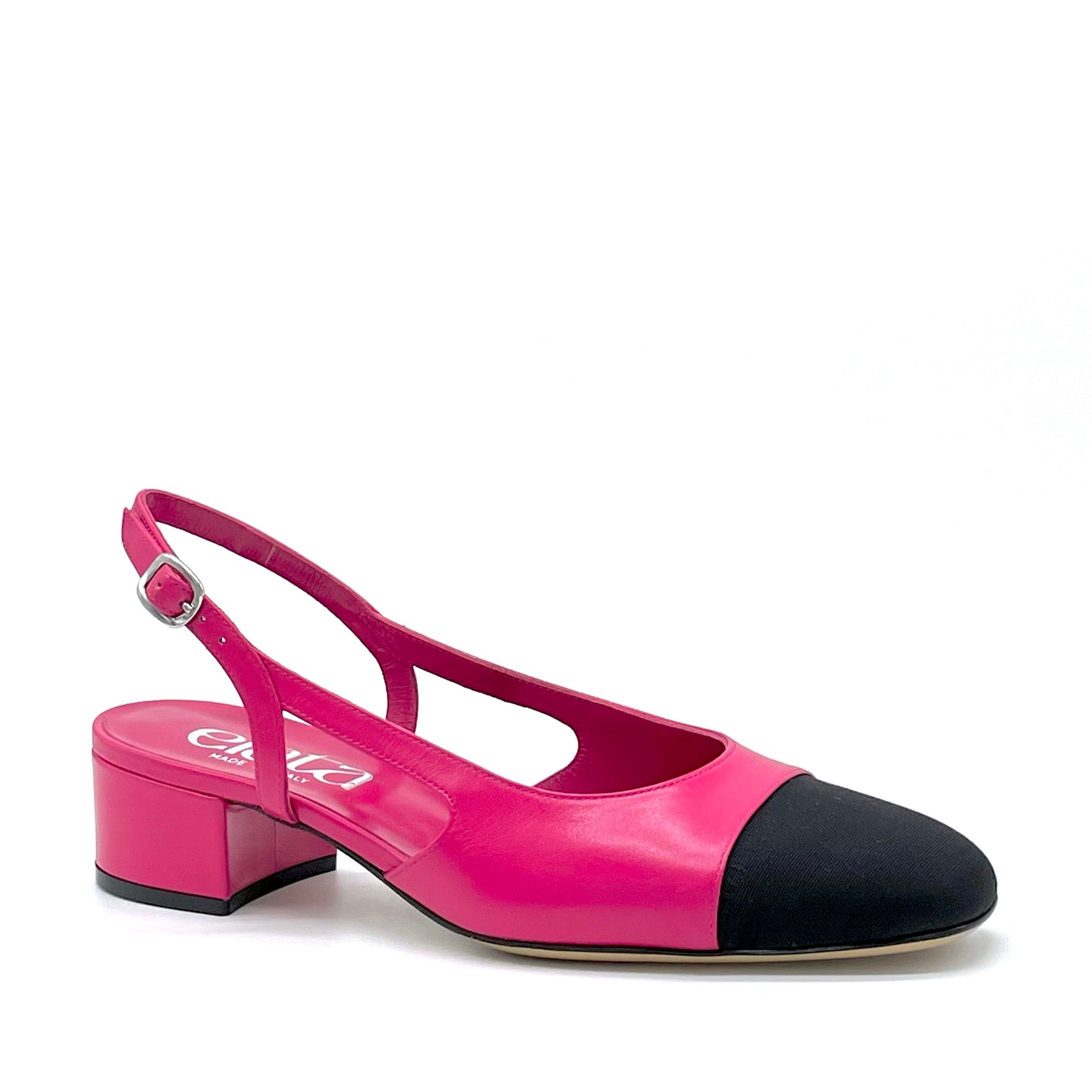 Slingback in pelle fucsia e tessuto nero – Cod. 15129
