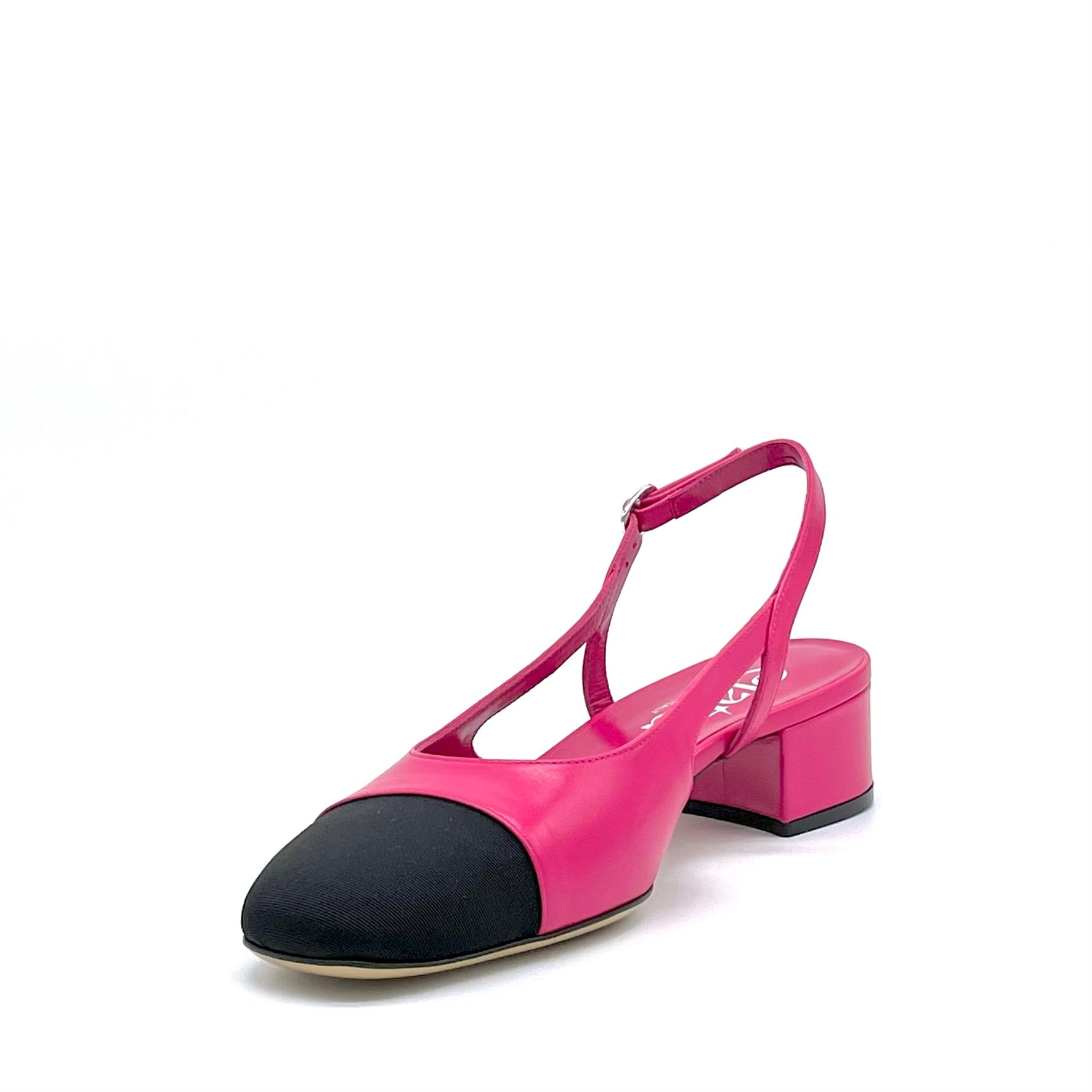 Slingback in pelle fucsia e tessuto nero – Cod. 15129