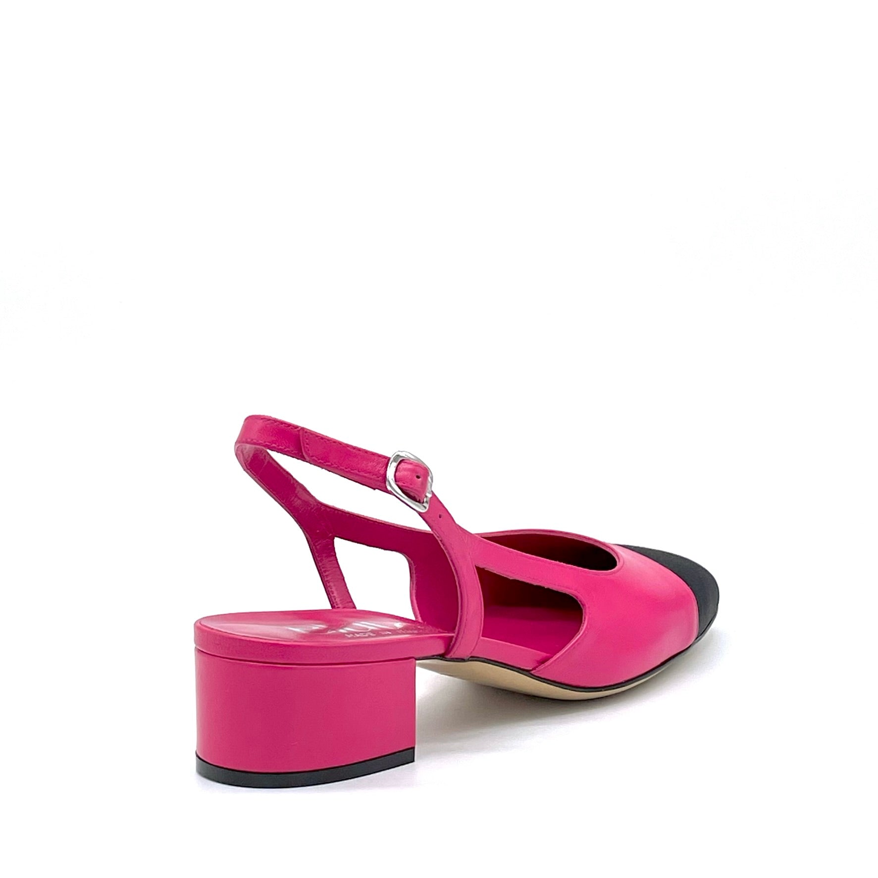Slingback in pelle fucsia e tessuto nero – Cod. 15129