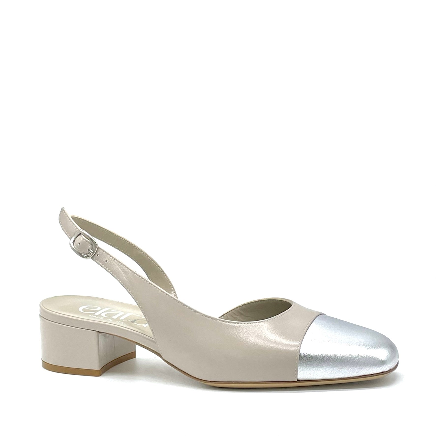 Slingback in pelle tortora e pelle laminata argento – Cod. 15130