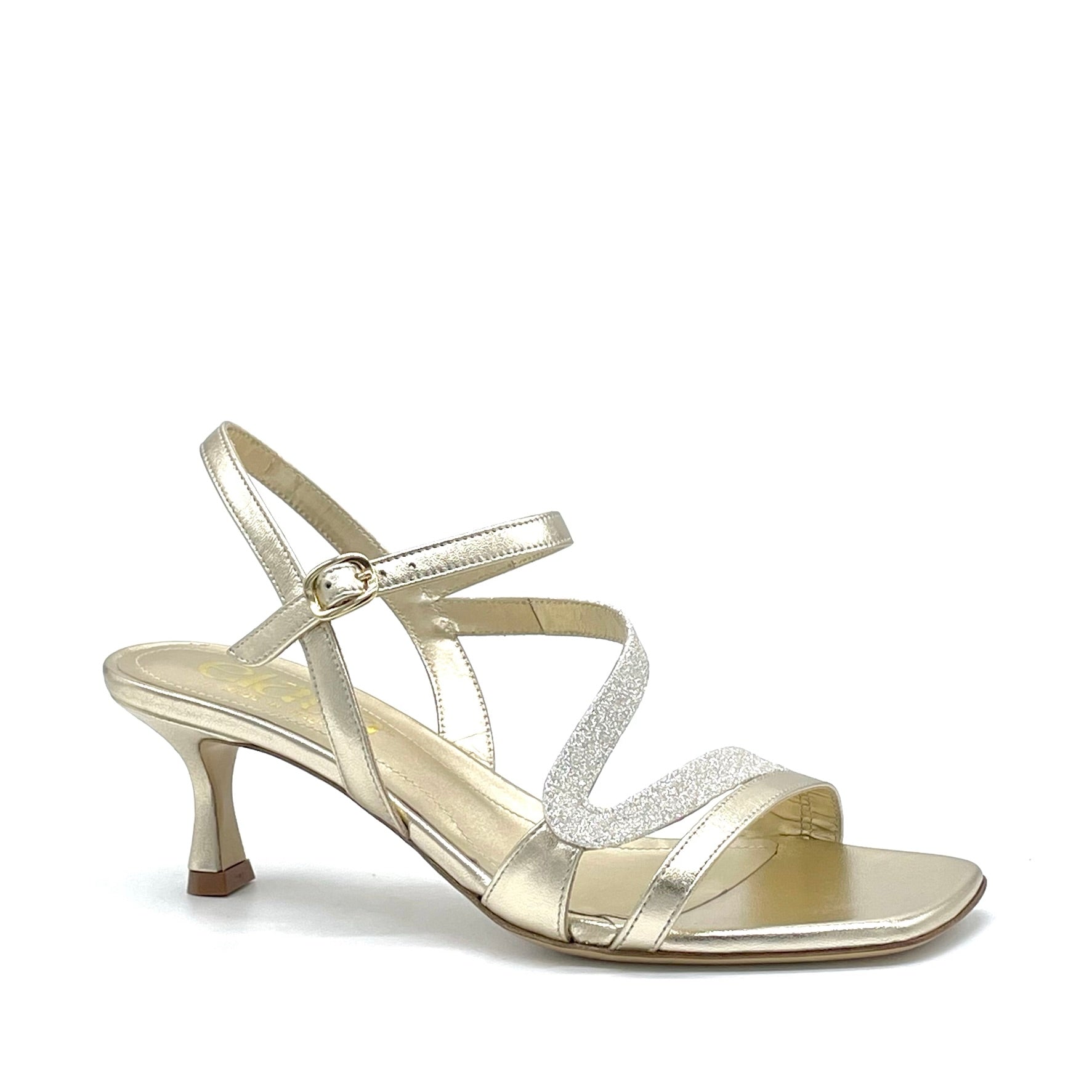 Gold laminate leather and glitter fabric sandal – Cod. 15147