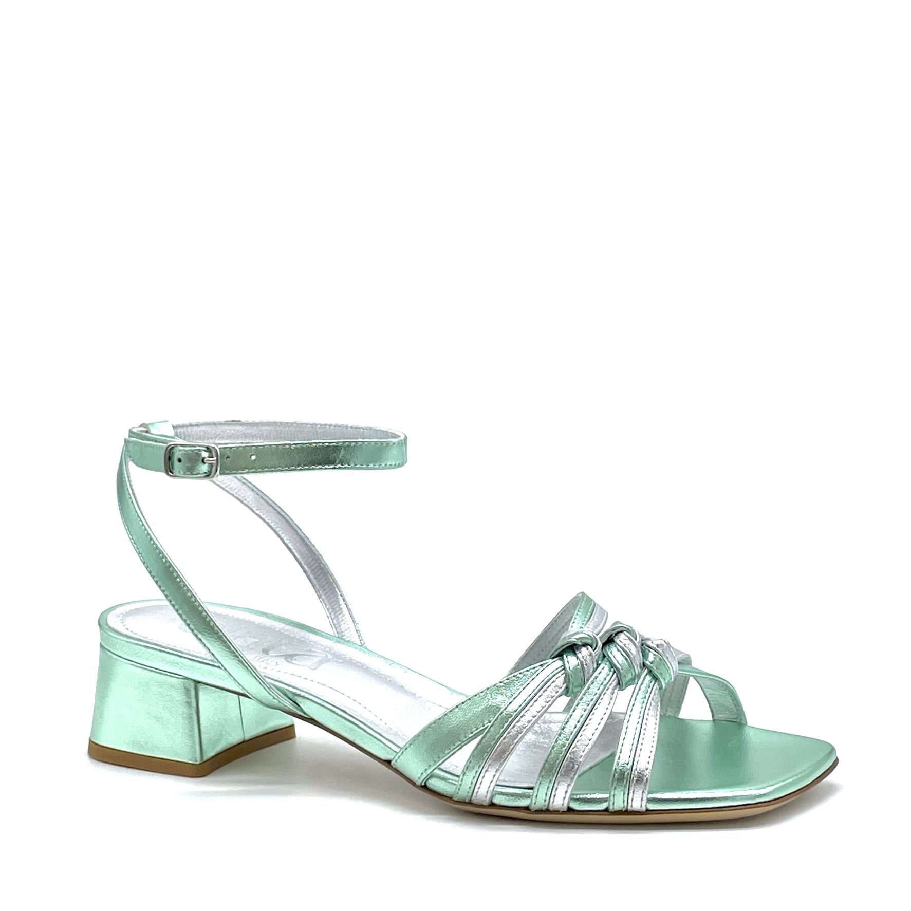 Sandalo in pelle laminata color menta e argento – Cod. 15154