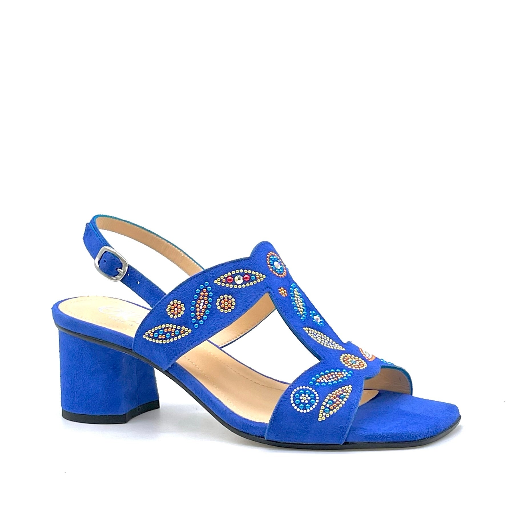 Sandalo in camoscio bluette con applicazione di strass multicolor – Cod. 15163-4