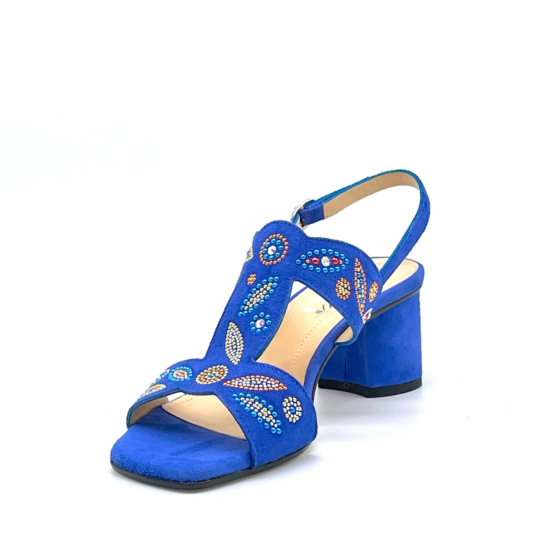 Bluette color suede sandal with multicolor rhinestones – Cod. 15163-4