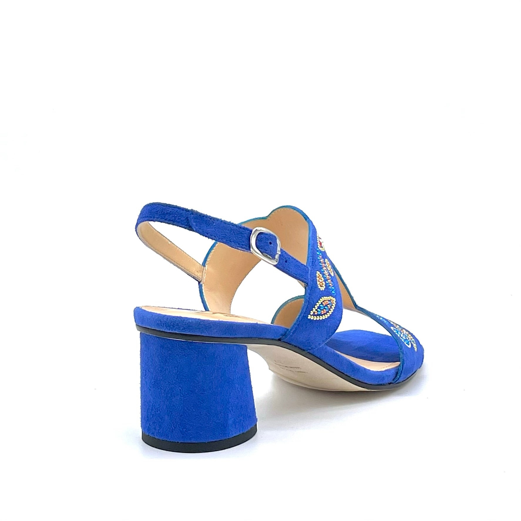 Sandalo in camoscio bluette con applicazione di strass multicolor – Cod. 15163-4