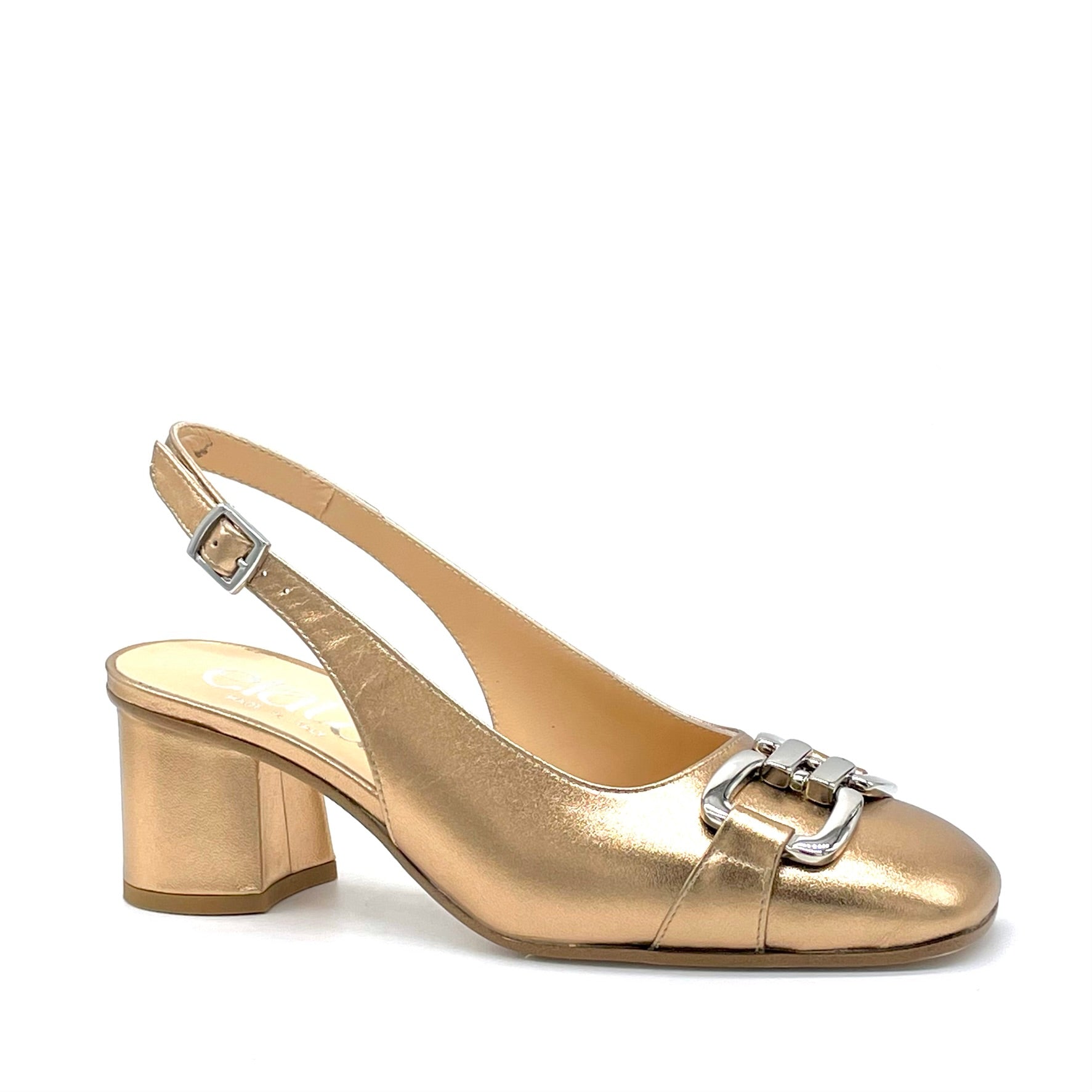 Slingback in pelle laminata color rame e accessorio argento – Cod. 15167-1