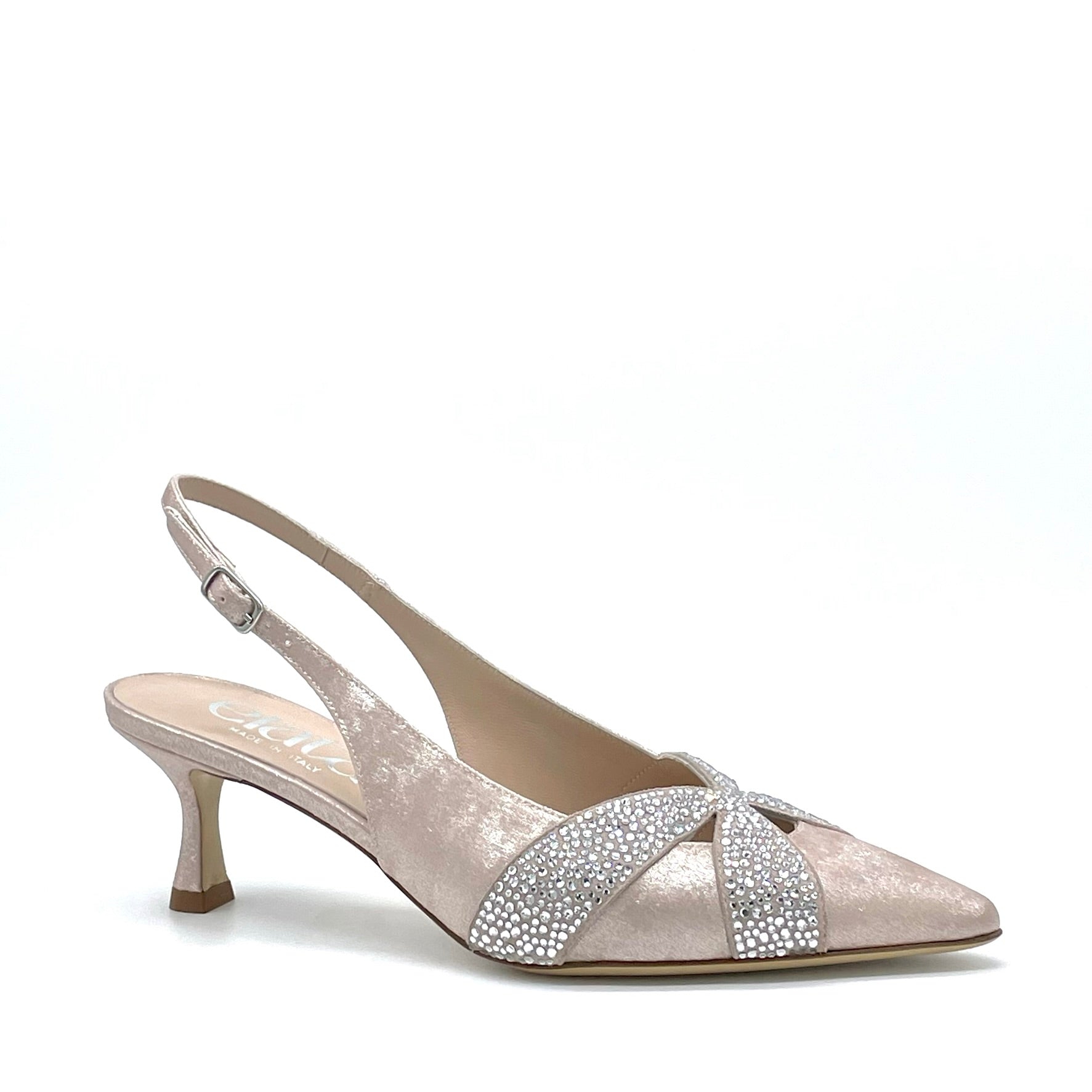 Slingback in ciniglia satinata nude e applicazione di strass – Cod. 15115