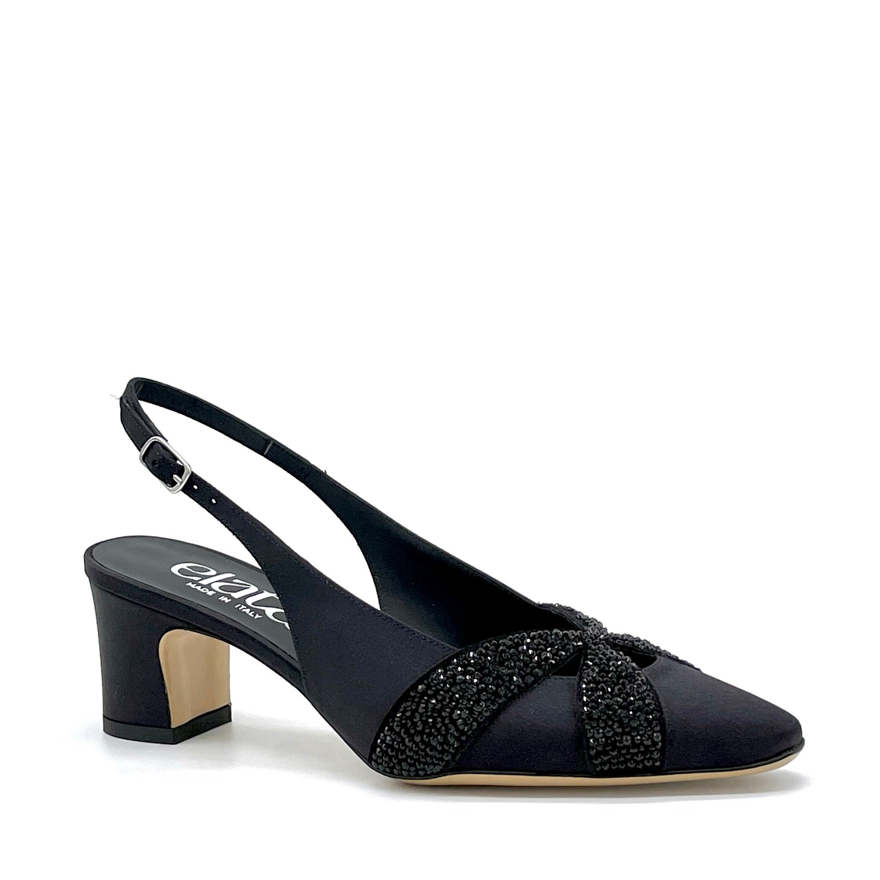 Slingback in raso di seta nero e applicazione di strass – Cod. 15116