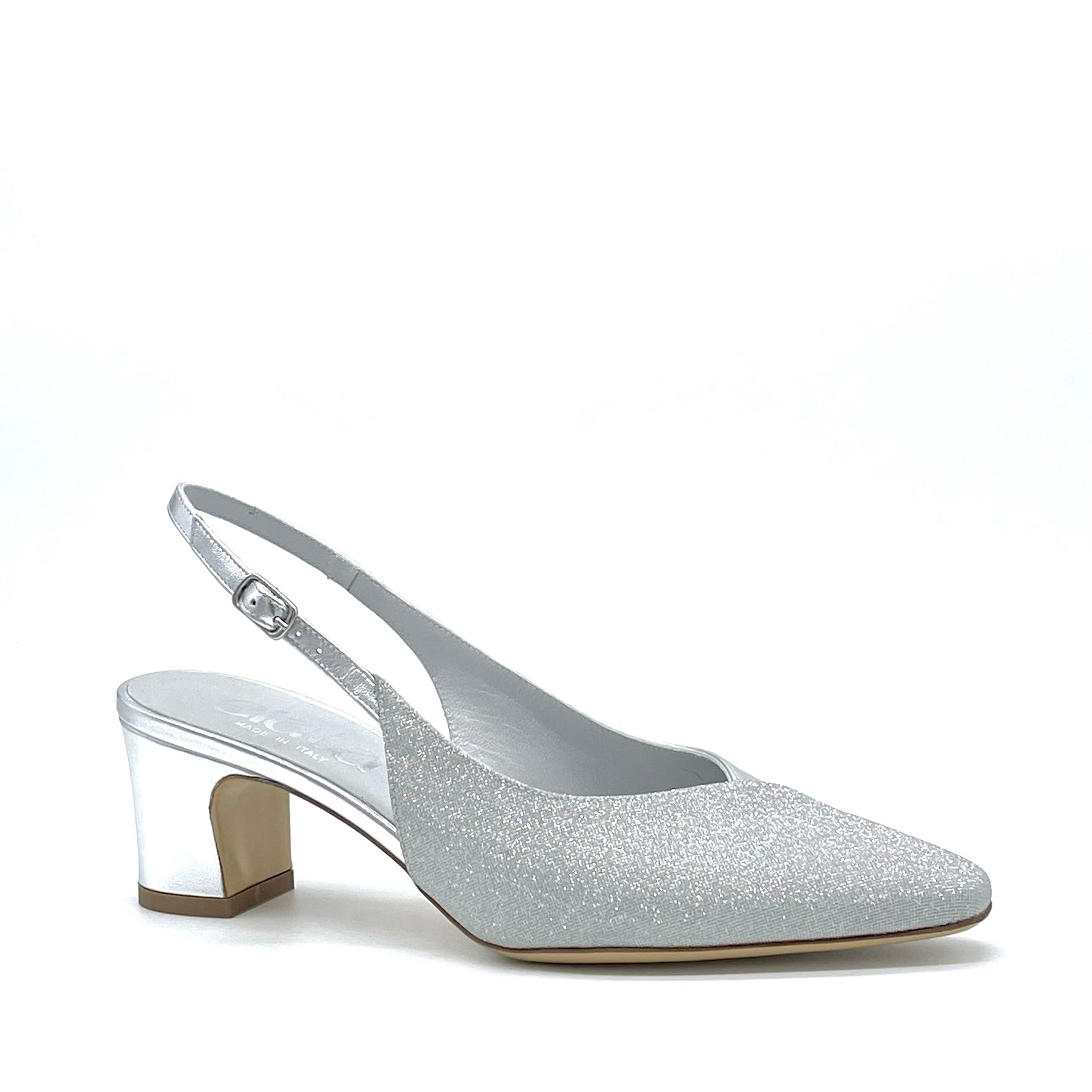 Slingback in pelle laminata e tessuto glitter argento – Cod. 15119