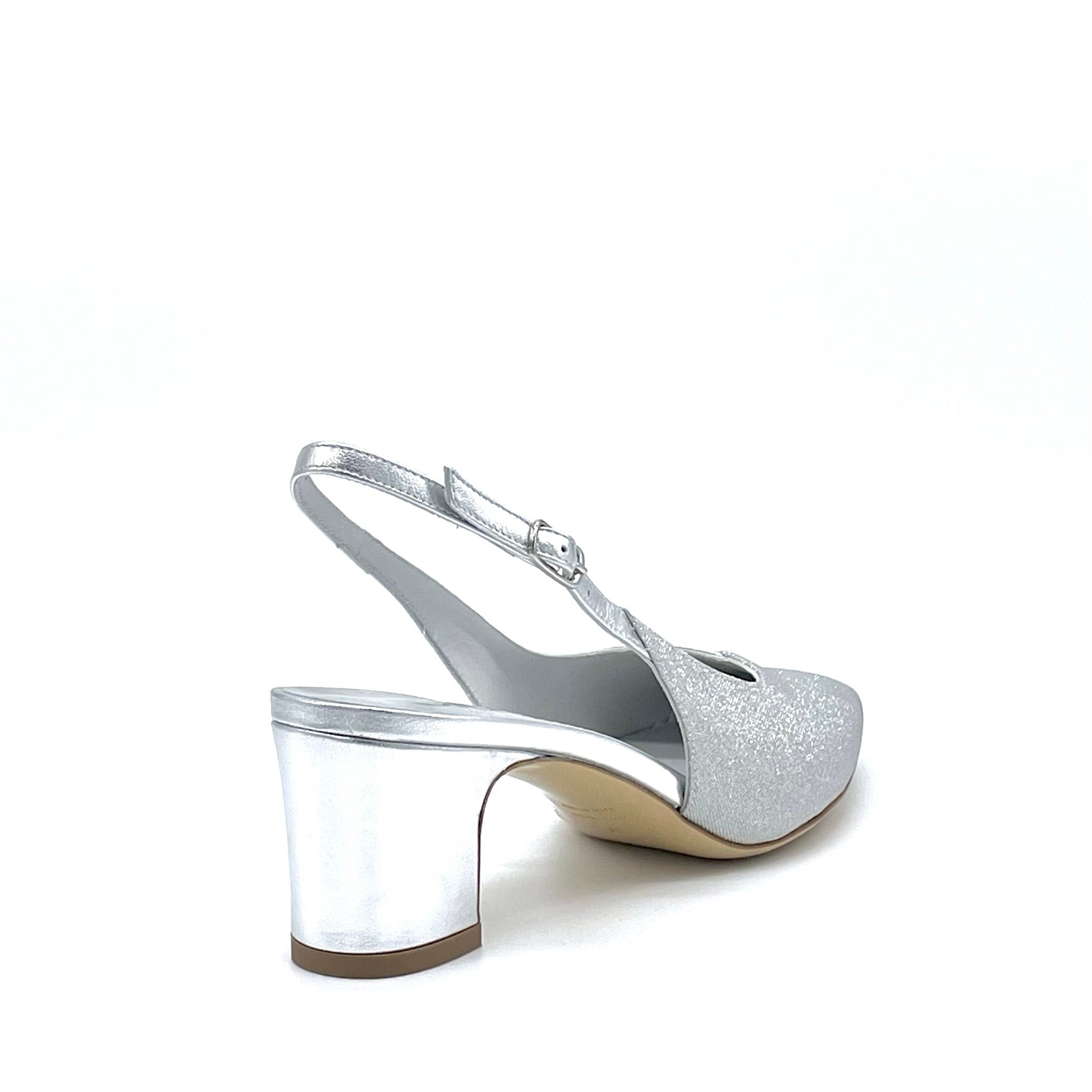 Slingback in pelle laminata e tessuto glitter argento – Cod. 15119