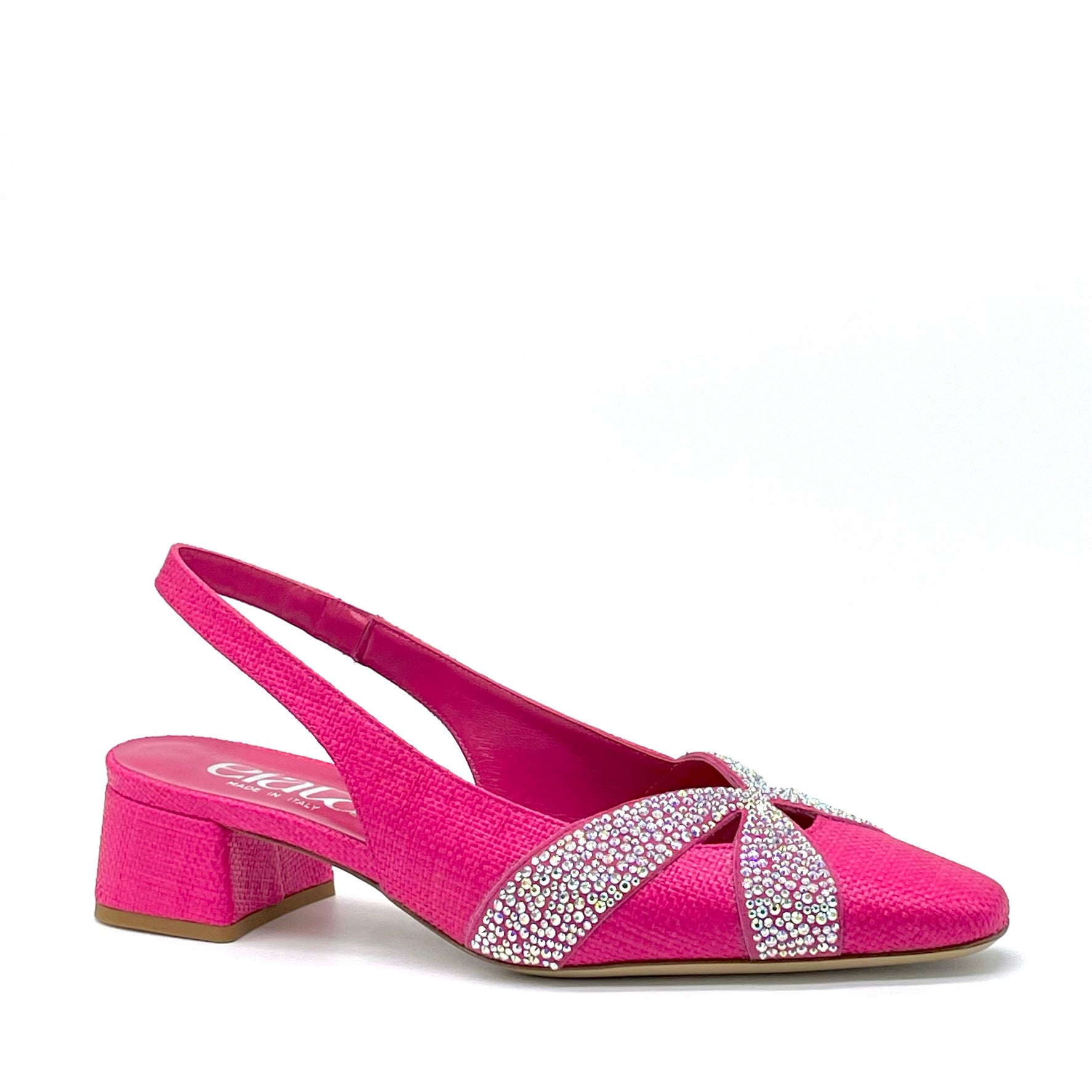 Fuchsia raffia fabric slingback with rhinestones – Cod. 15120