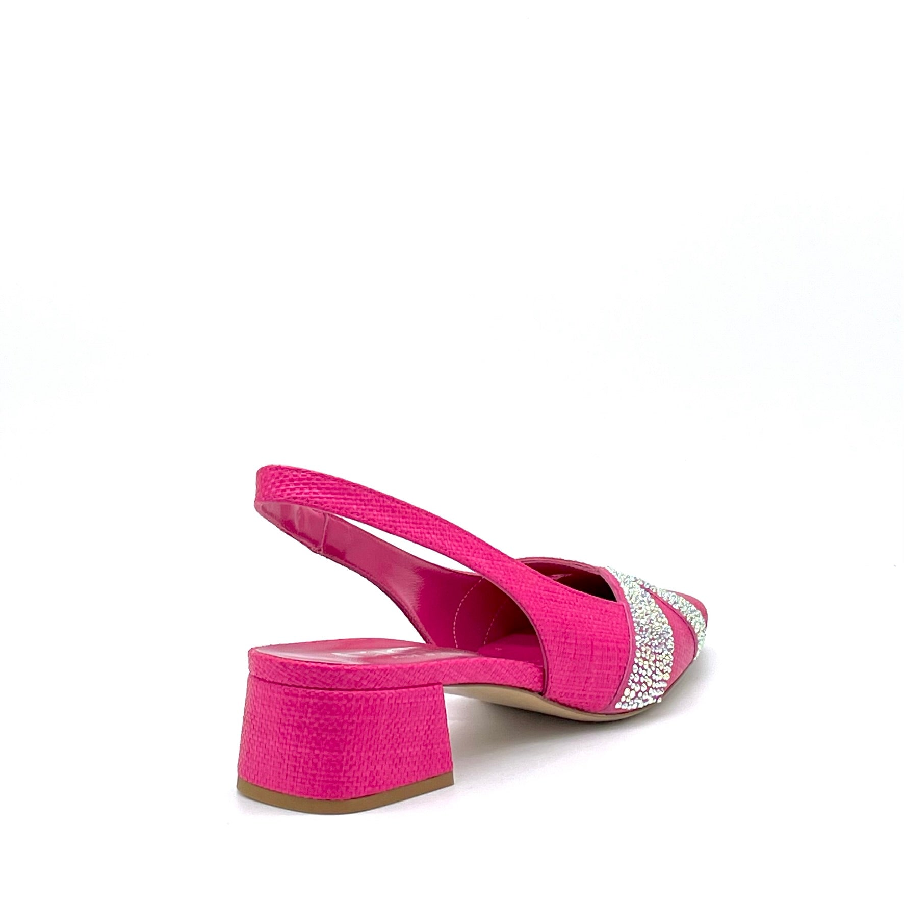 Slingback in rafia fucsia e applicazione di strass – Cod. 15120