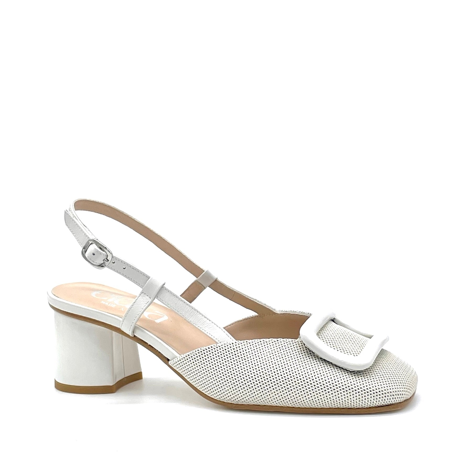 Slingback in pelle e tessuto color latte e soletta piuma – Cod. 15168