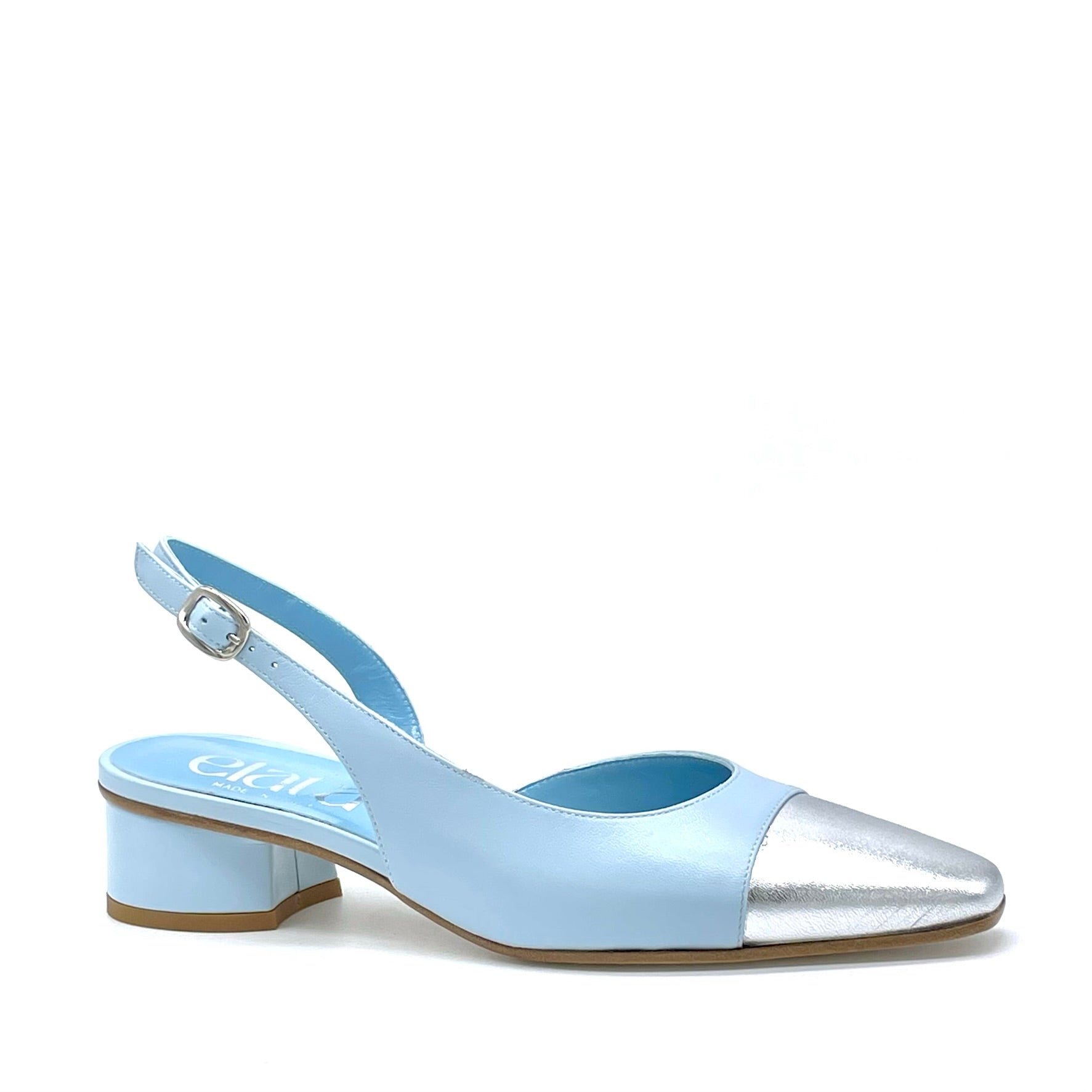 Slingback in pelle celeste e pelle laminata argento – Cod. 15170