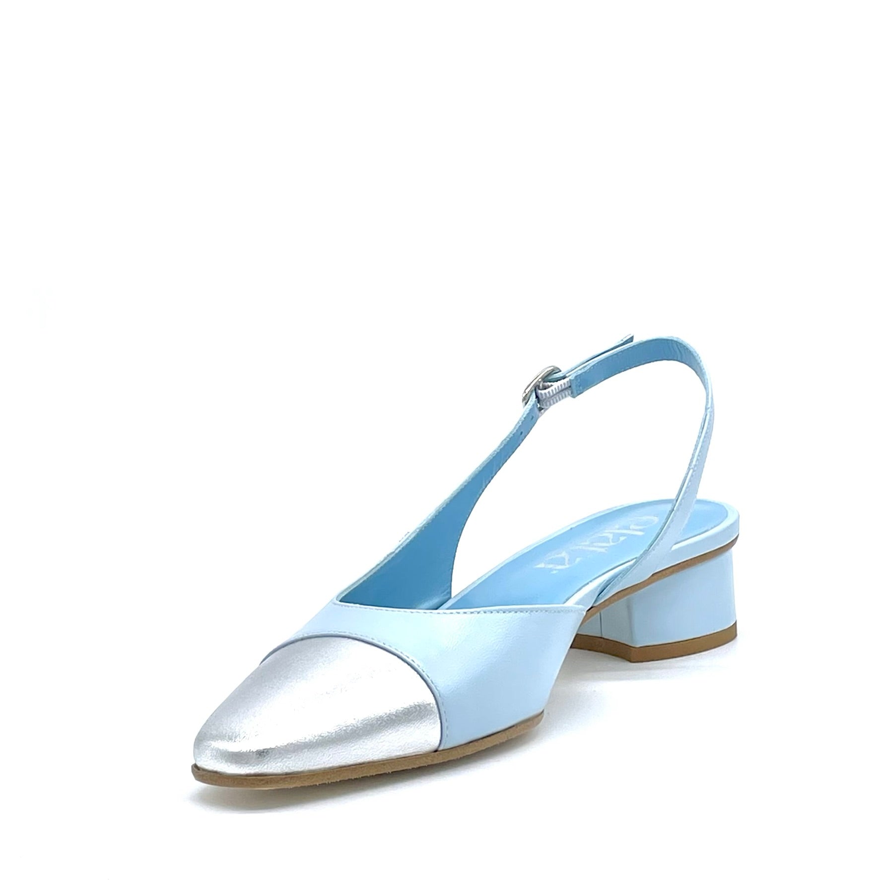 Slingback in pelle celeste e pelle laminata argento – Cod. 15170